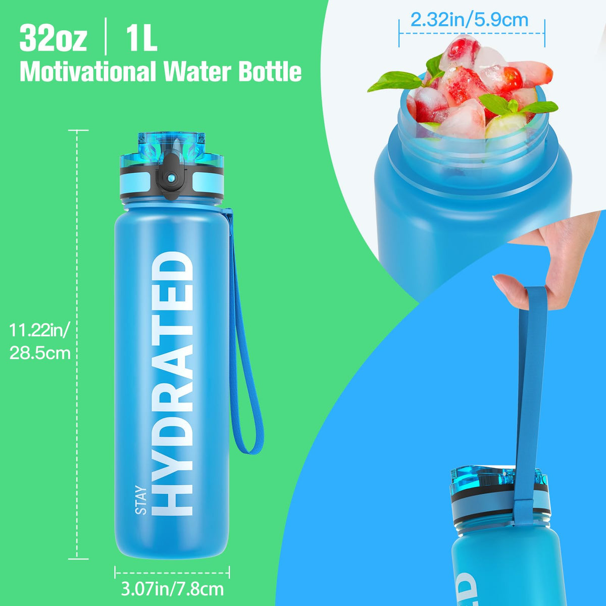 Sahara Sailor Water Bottle 32oz, Tritan Sports Bottle with Time Marker