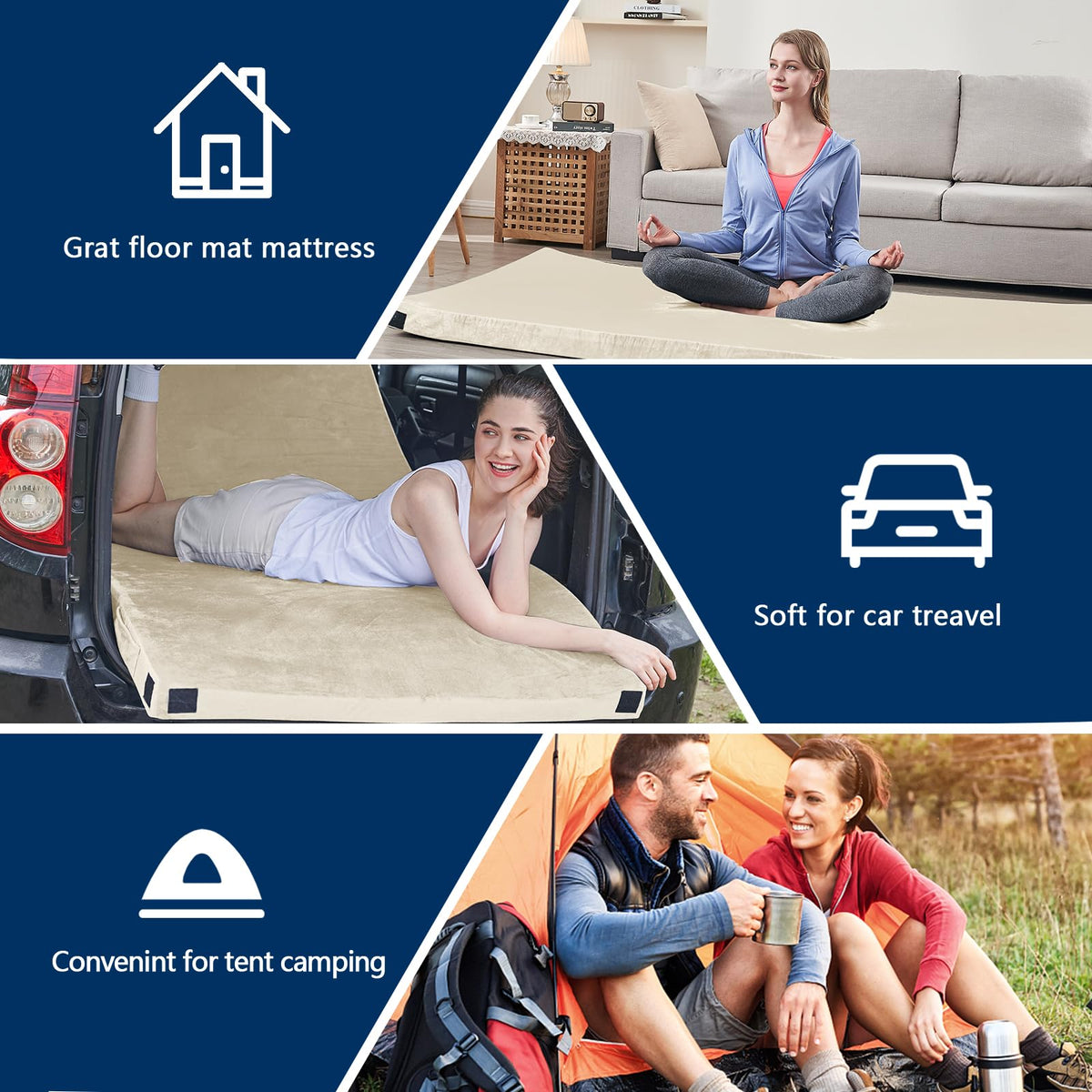 CYMULA Memory Foam Camping Mattress Pad, Sleeping Mat, Portable Roll Up Mattress for Adults, Camping Bed Pads for Sleepover, Car Bed with Travel Bag