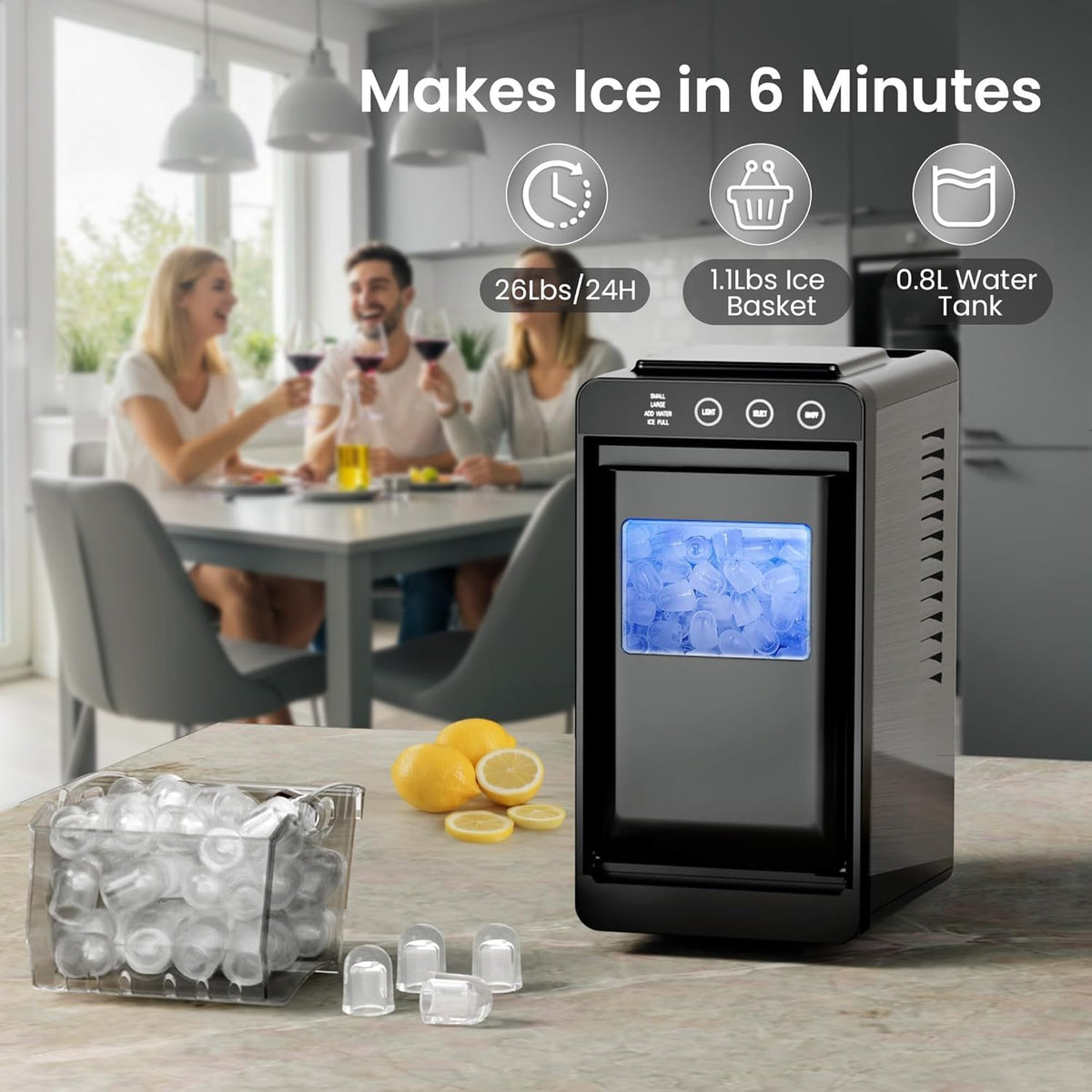 Kismile Portable Countertop Ice Maker, 26lbs/Day, Self-Cleaning, Black