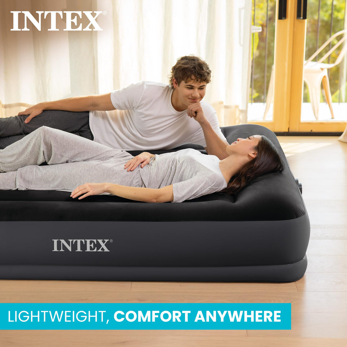 INTEX 64149ED Dura-Beam Standard Pillow Rest Air Mattress: Fiber-Tech – Queen Size – Built-in Electric Pump – 10in Bed Height – 600lb Weight Capacity