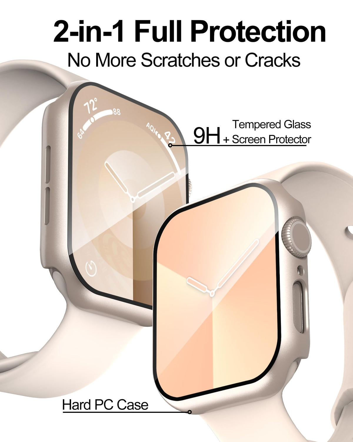 Smiling 2 Pack Case Compatible with Apple Watch Series 9/8/7 41mm with Tempered Glass Screen Protector, Hard PC Case Overall Protective Cover- 1 Silver + 1 Transparent