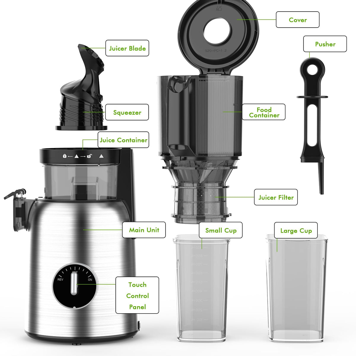 Kismile Cold Press Juicer, 5.4" Feed Chute, 4 juicing Mode, Easy to Clean
