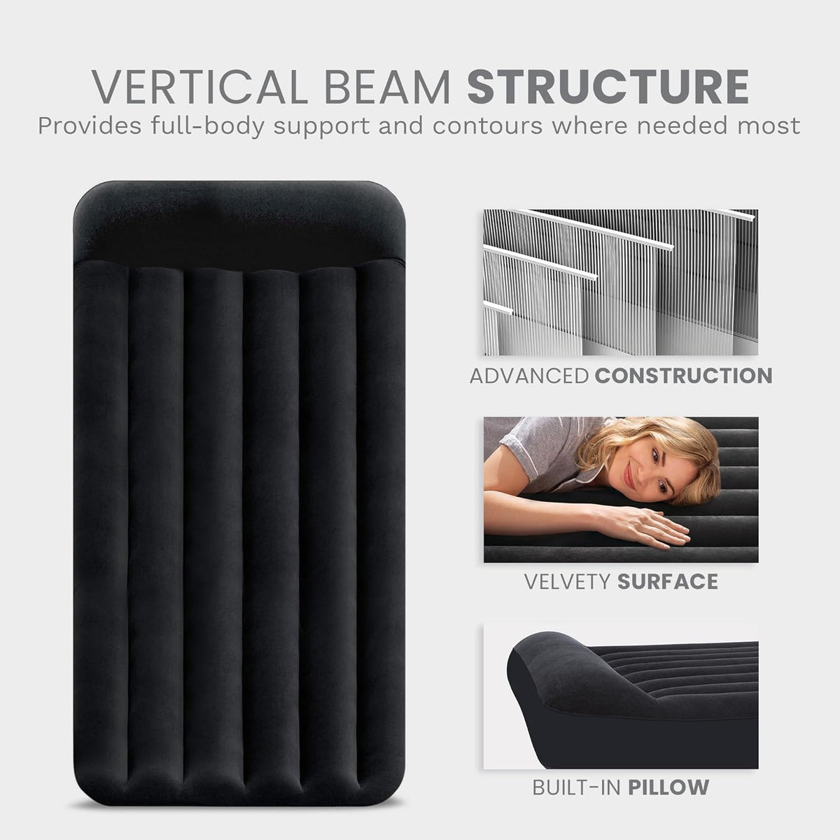 INTEX 64149ED Dura-Beam Standard Pillow Rest Air Mattress: Fiber-Tech – Queen Size – Built-in Electric Pump – 10in Bed Height – 600lb Weight Capacity