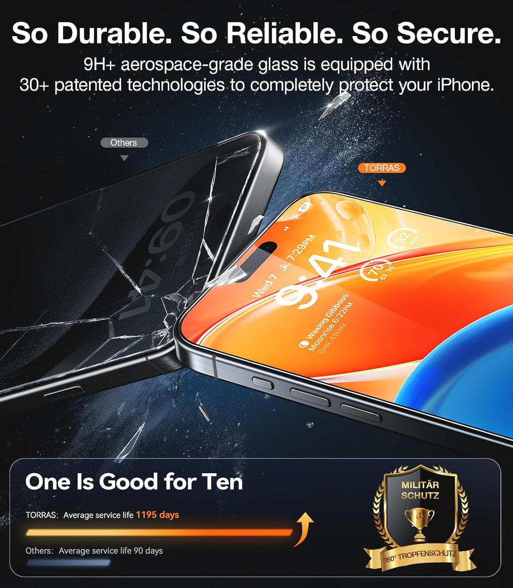 TORRAS 2-Pack for iPhone Air Screen Protector [12Ft Military-Grade Shatterproof] [9H+ Aerospace Tempered Glass] Anti-Scratch Full Coverage Fit