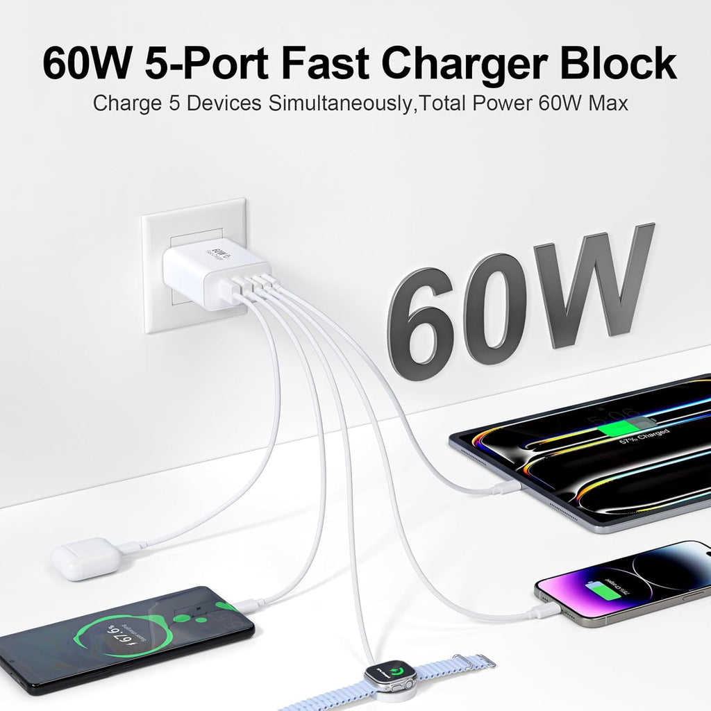 USB C Charger Block, 60W 5-Port Type C Charger Fast Charging Blocks