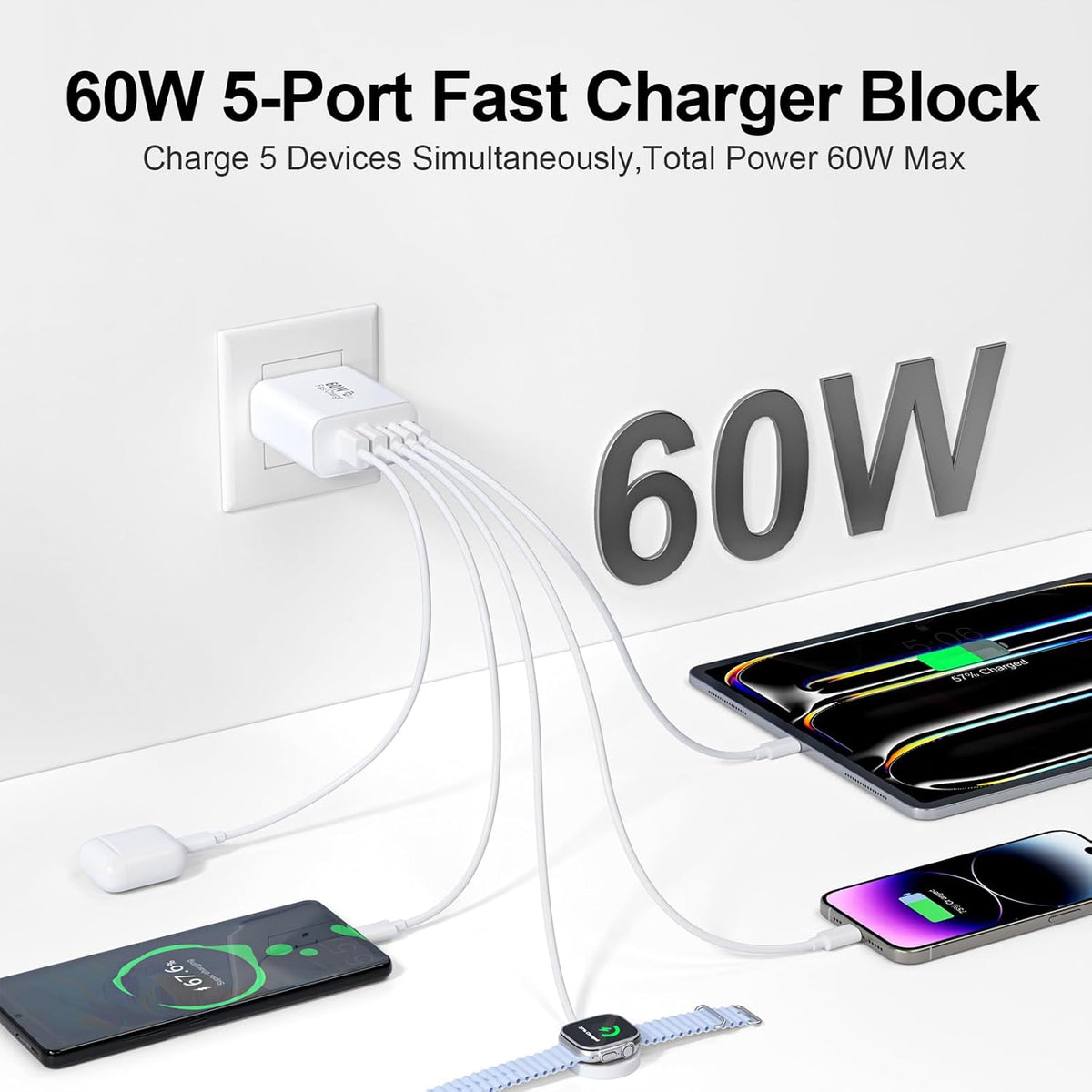 USB C Charger Block, 60W 5-Port Type C Charger Fast Charging Blocks