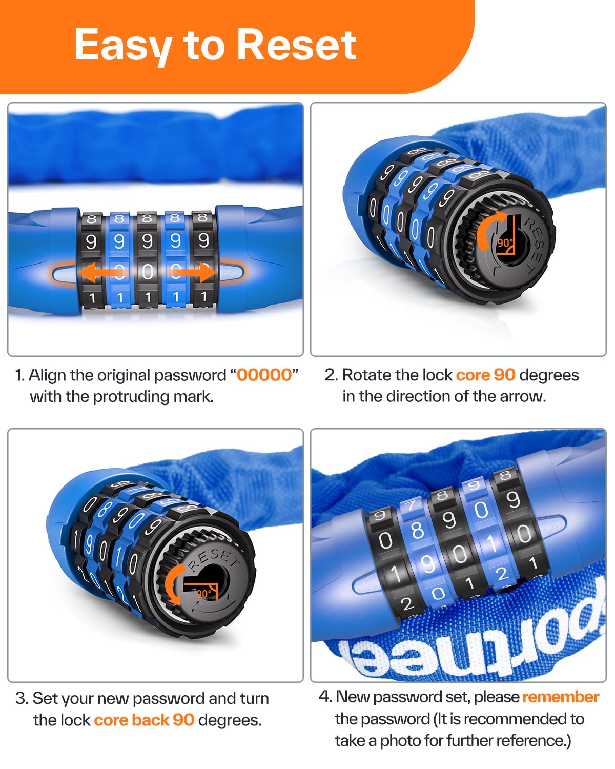 Sportneer Bike Lock: 5 Digit Combination High Security Anti Theft Bike Chain Lock - 3.2/3.6/4ft Heavy Duty Keyless Bicycle Lock for Bike, Motorcycle, Scooter, Door & Gate - 4/6mm Thick, Easy to Use