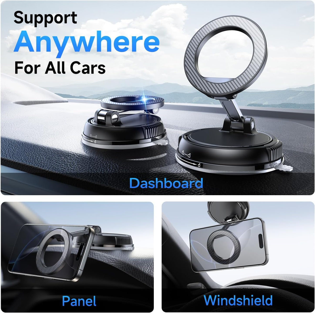 Compact Foldable Car Phone Holder for Magsafe [78+LBS Strongest Suction & 2400gf Strongest Magnetic] 360° Adjustable Car Phone Mount, Phone Holders for Your Car for iPhone 18-12 Pro Max (Carbon Fiber)