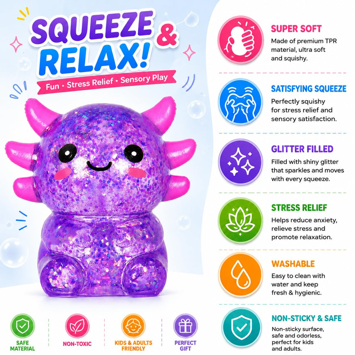 Axolotl Squishy Stress Ball, Soft Slow Rising Sensory Toy