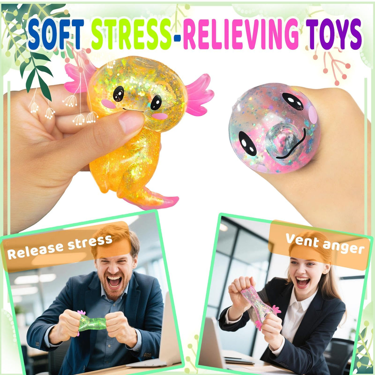 Axolotl Squishy Toy Squeeze Stress Relief Fidget Sensory Toy for Kids Adults, Cute Handheld Stress Ball for Anxiety and Focus, Purple Big Ears(Pink)