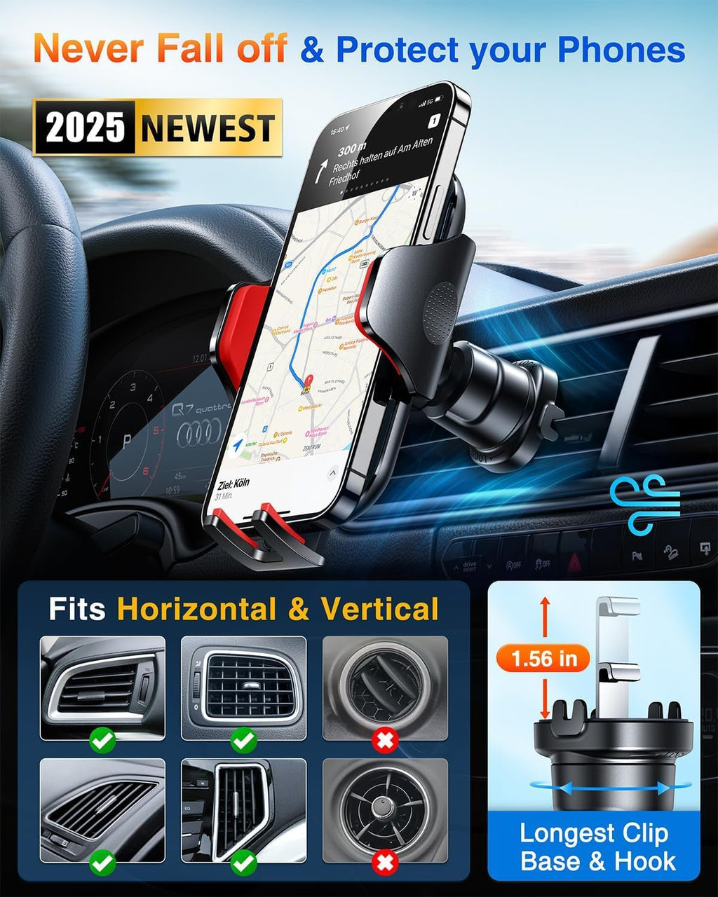 VANMASS Car Phone Holder 2026 Ultimate Military-Grade Strongest Suction & Clip Windshield Dashboard【Newest Best Strongest】 Cell Phone Automotive Dash Gauge Accents for iPhone 18 Pro Max 17 16 15 14