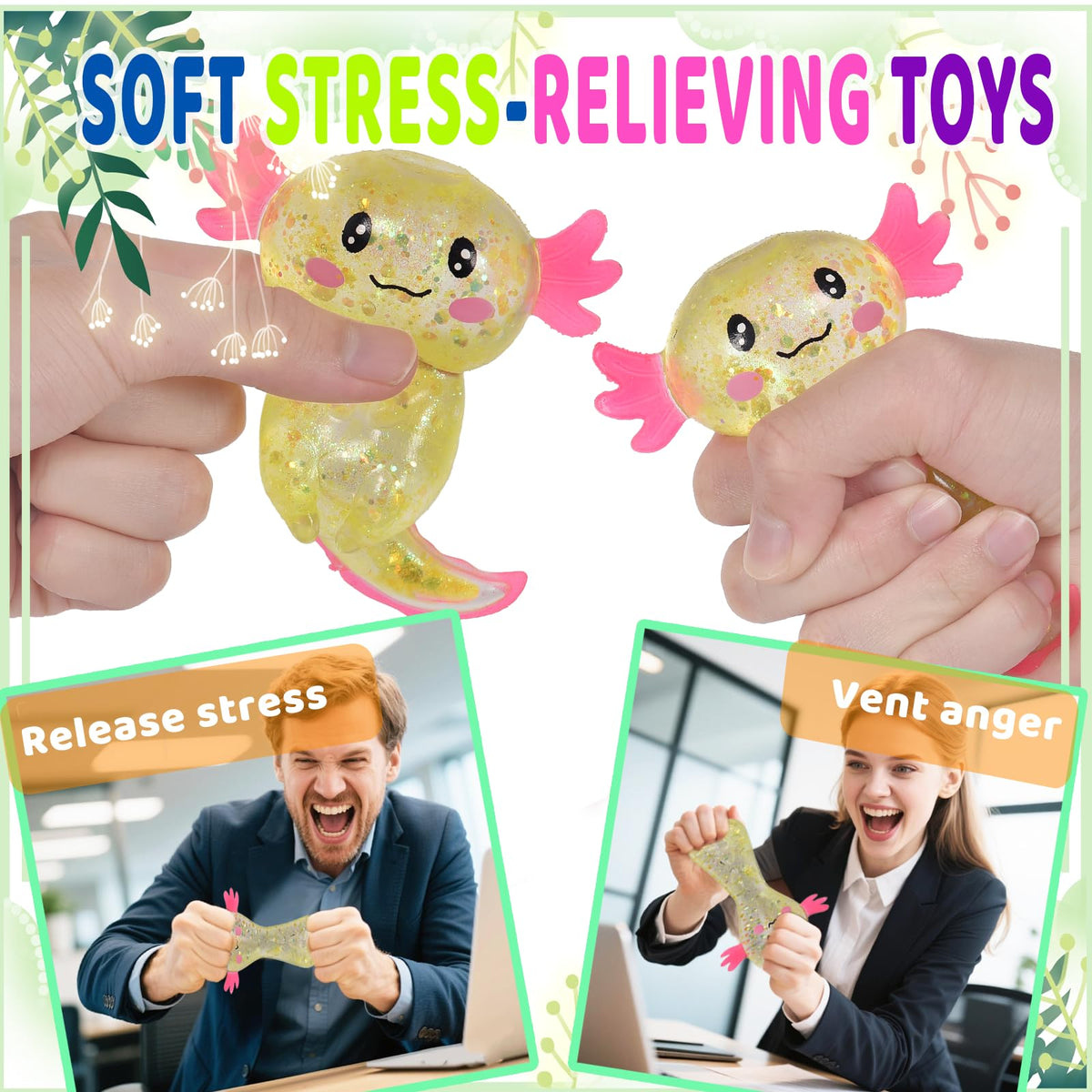 Axolotl Squishy Toy Squeeze Stress Relief Fidget Sensory Toy for Kids Adults, Cute Handheld Stress Ball for Anxiety and Focus, Purple Big Ears(Pink)