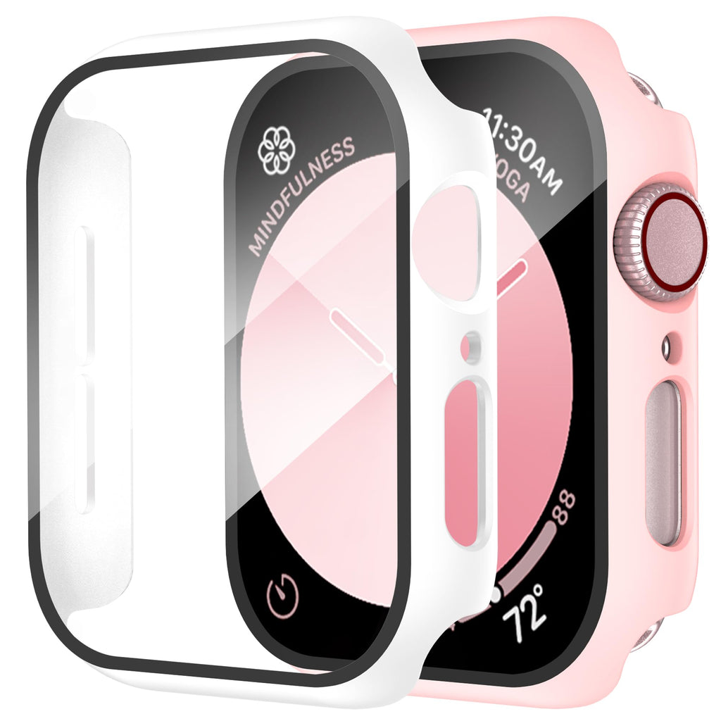Smiling 2 Pack Case Compatible with Apple Watch Series 9/8/7 41mm with Tempered Glass Screen Protector, Hard PC Case Overall Protective Cover- 1 Silver + 1 Transparent