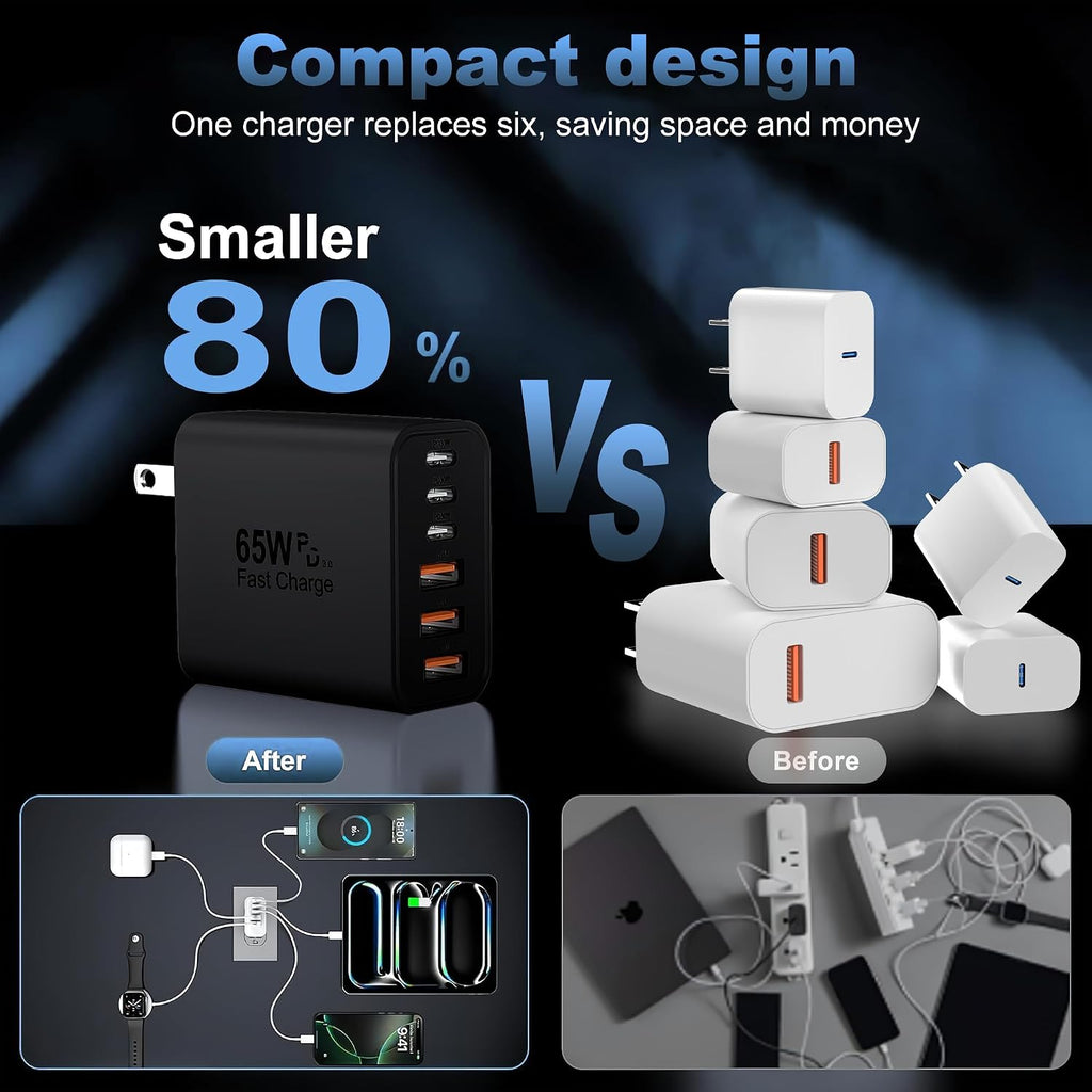 65W USB C Charger Block,6-Port Multi Device Fast Charger PD QC Wall Adapter