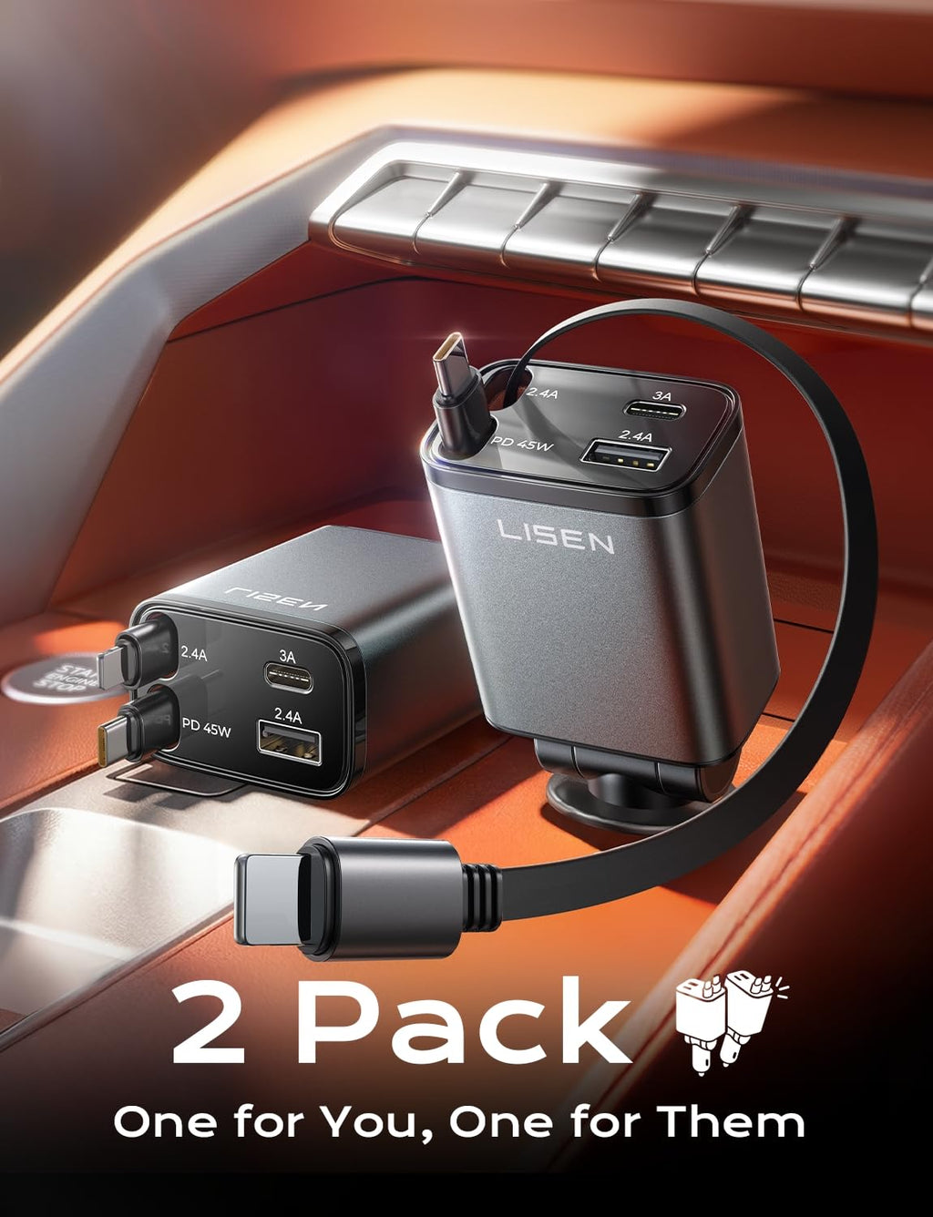 LISEN Retractable Car Charger, 84W Car Charger USB C Fast Charge,4 in 1