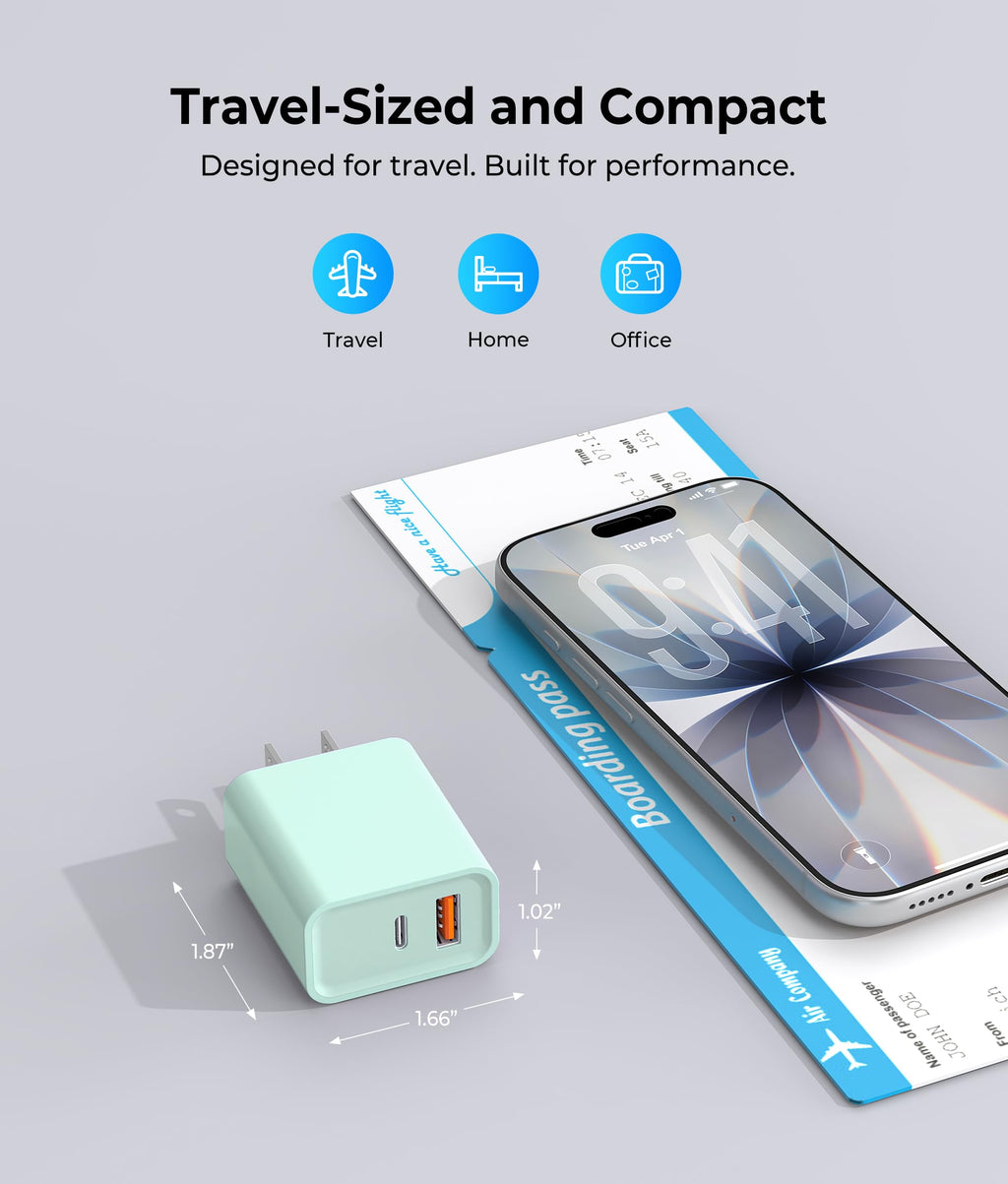 [2 Pack] 20W USB C Charger Block, Fast Charging Dual Port Wall Charger