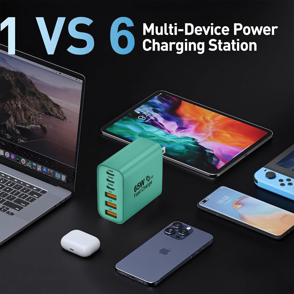 65W USB C Charger Block,6-Port Multi Device Fast Charger PD QC Wall Adapter