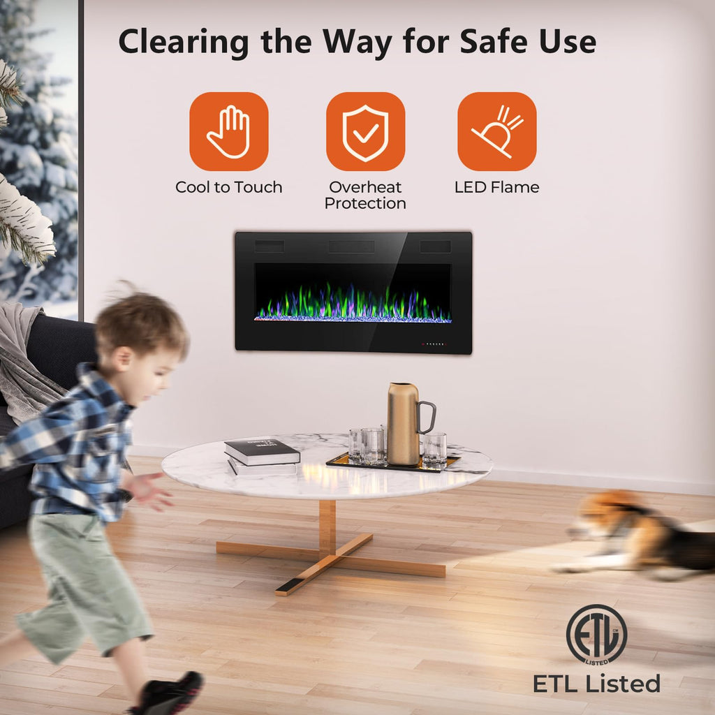 Crzoe 42 Inch Electric Fireplace Insert, in-Wall Recessed and Wall Mounted Heater with Timer, Control by Touch Panel and Remote, Adjustable Flame Color and Speed, 750W/1500W