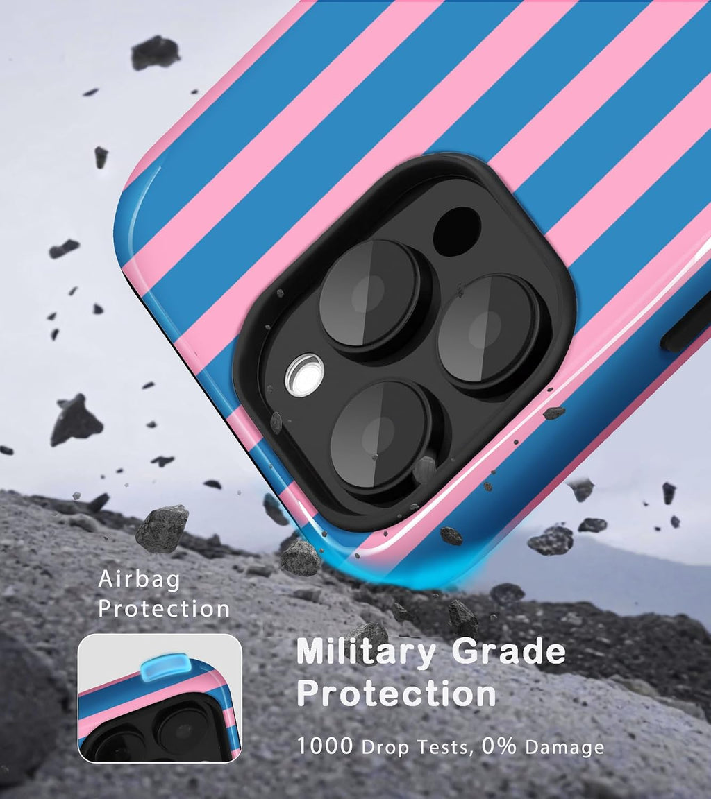 for iPhone 16 Pro Max Cute Striped Phone Case, Blue&Pink