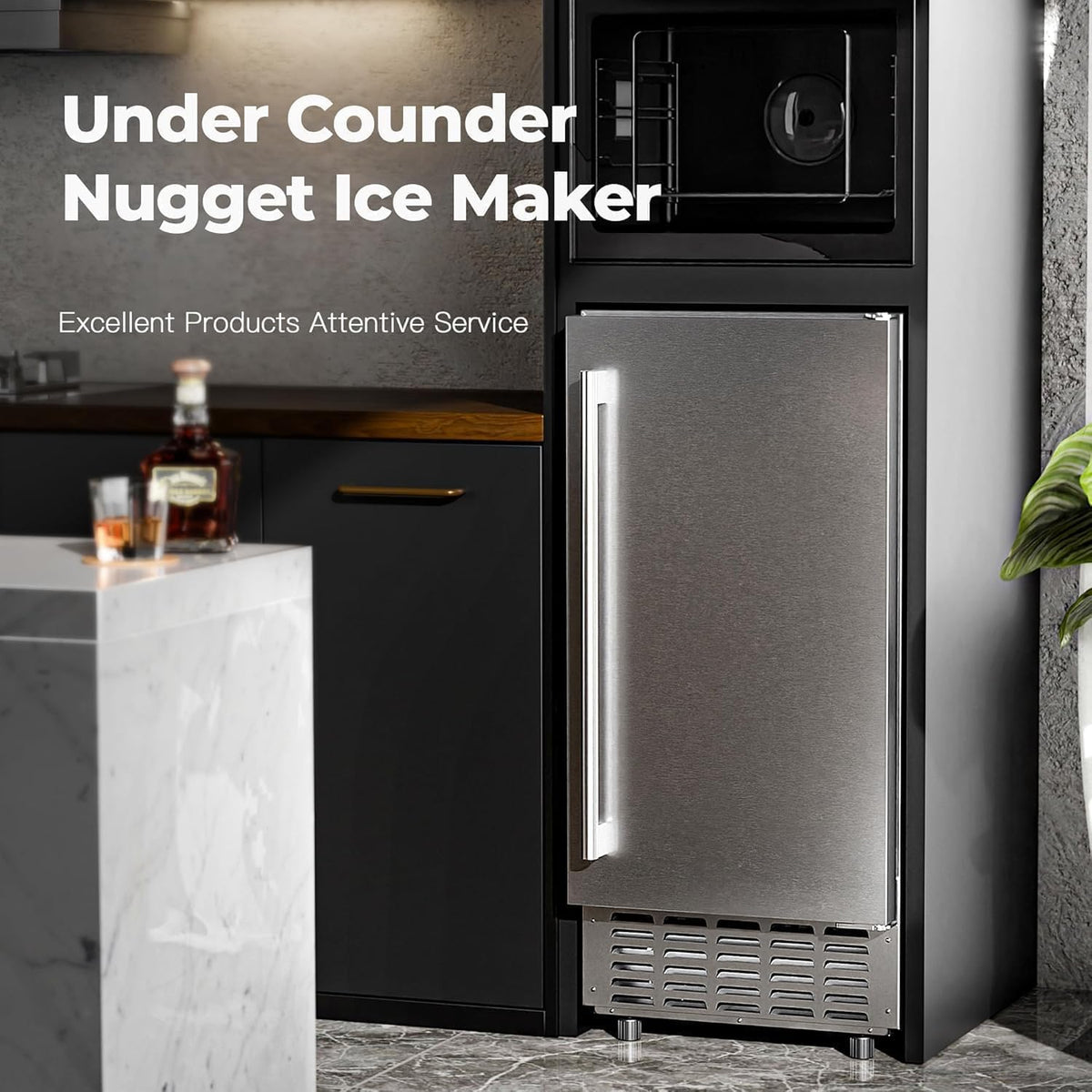 Kismile 80 lbs/Day Under Counter Nugget Ice Maker, Dual Ice Baskets, Silver