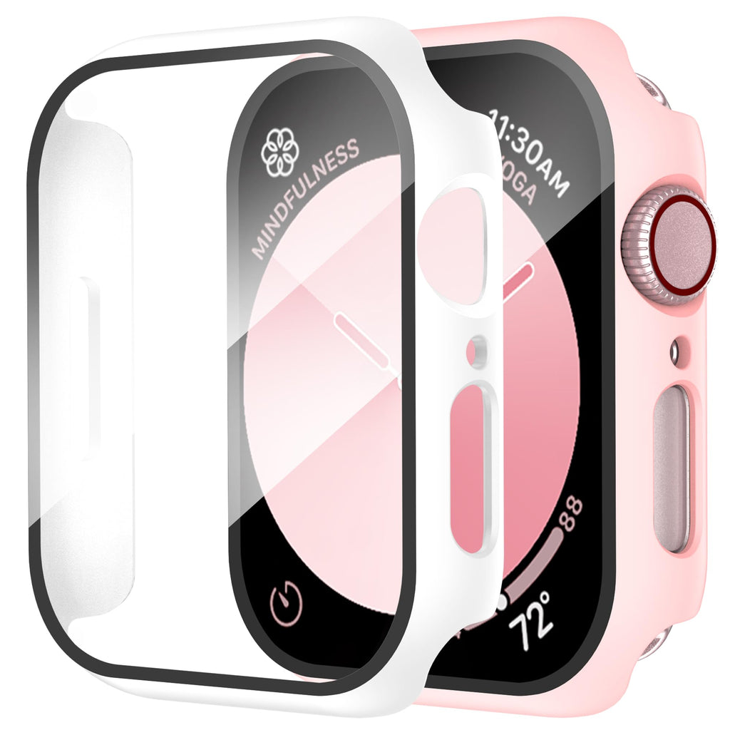 Smiling 2 Pack Case Compatible with Apple Watch Series 9/8/7 41mm with Tempered Glass Screen Protector, Hard PC Case Overall Protective Cover- 1 Silver + 1 Transparent