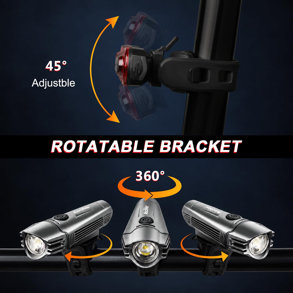 Ascher Ultra Bright USB Rechargeable Bike Light Set, Powerful Bicycle Front Headlight and Back Taillight, 4 Light Modes, Easy to Install for Men Women Kids Road Mountain Cycling