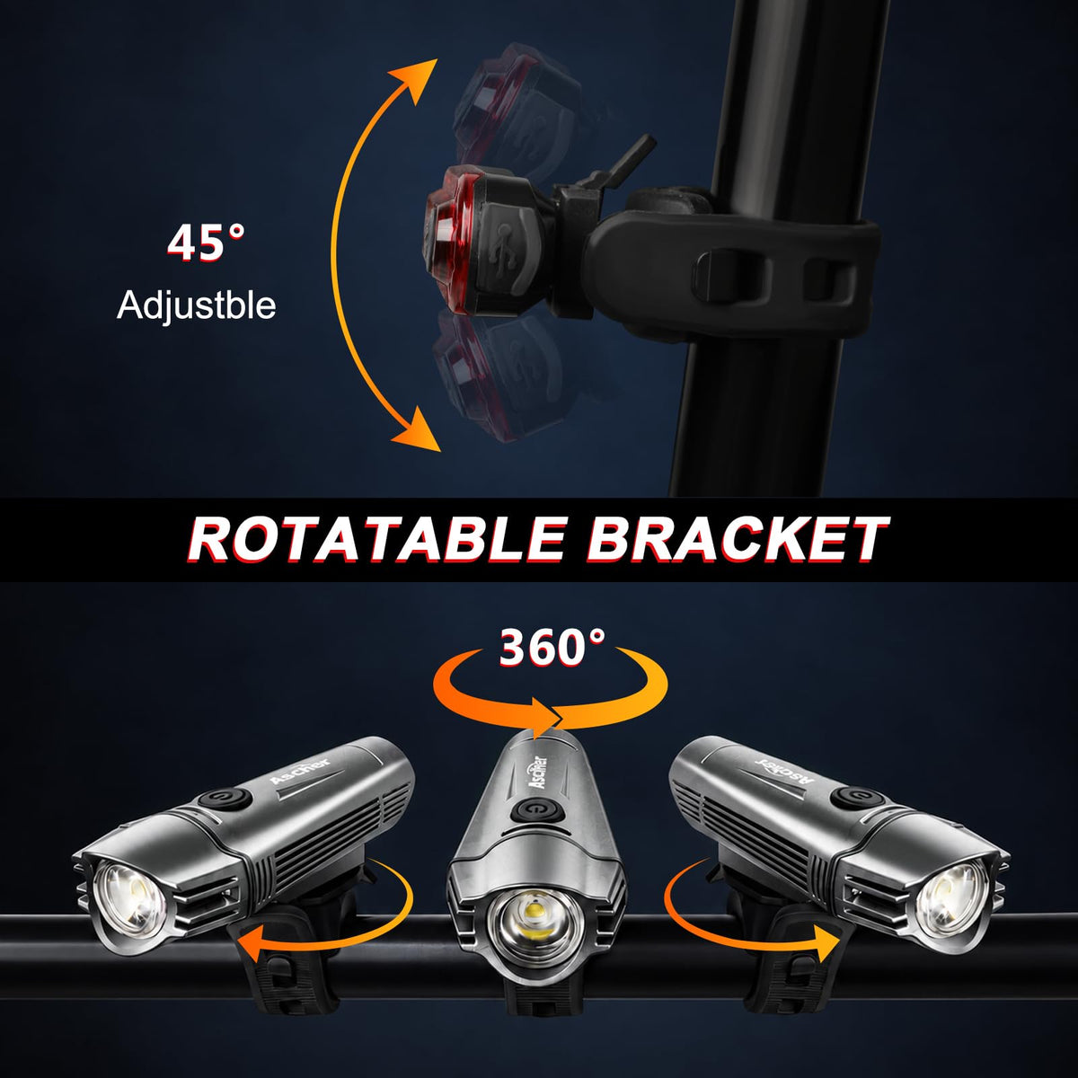 Ascher Ultra Bright USB Rechargeable Bike Light Set, Powerful Bicycle Front Headlight and Back Taillight, 4 Light Modes, Easy to Install for Men Women Kids Road Mountain Cycling