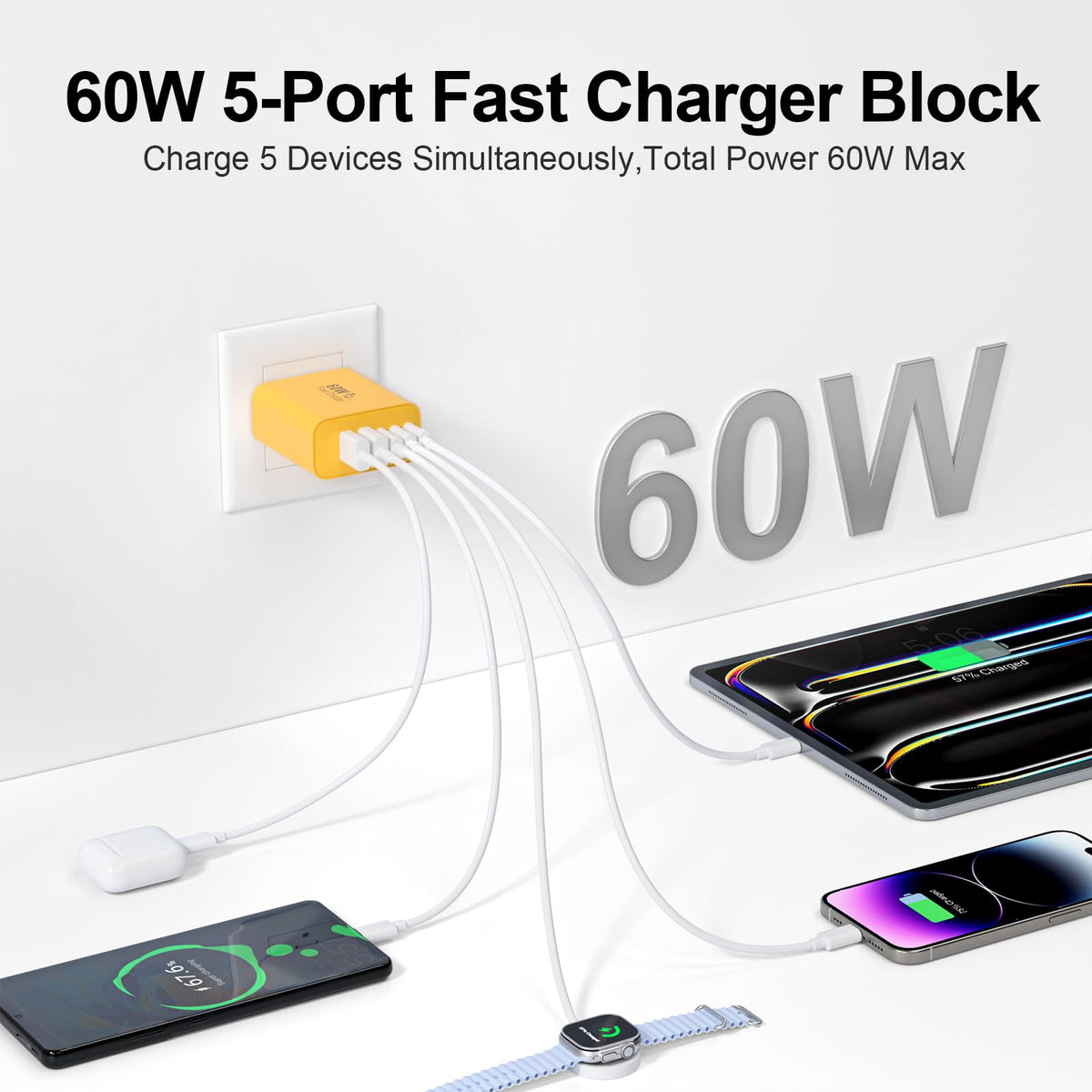 USB C Charger Block, 60W 5-Port Type C Charger Fast Charging Blocks