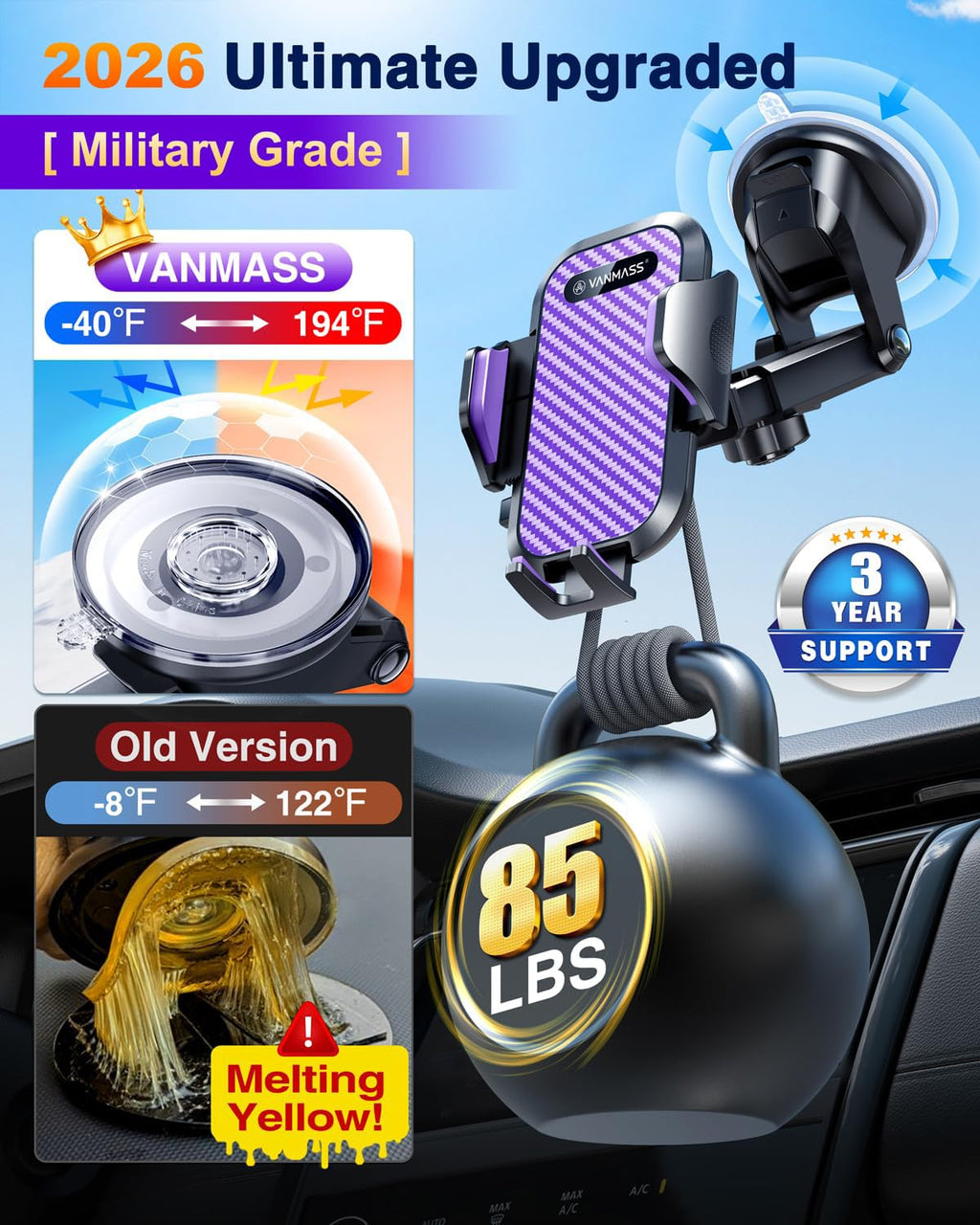 VANMASS Car Phone Holder 2026 Ultimate Military-Grade Strongest Suction & Clip Windshield Dashboard【Newest Best Strongest】 Cell Phone Automotive Dash Gauge Accents for iPhone 18 Pro Max 17 16 15 14