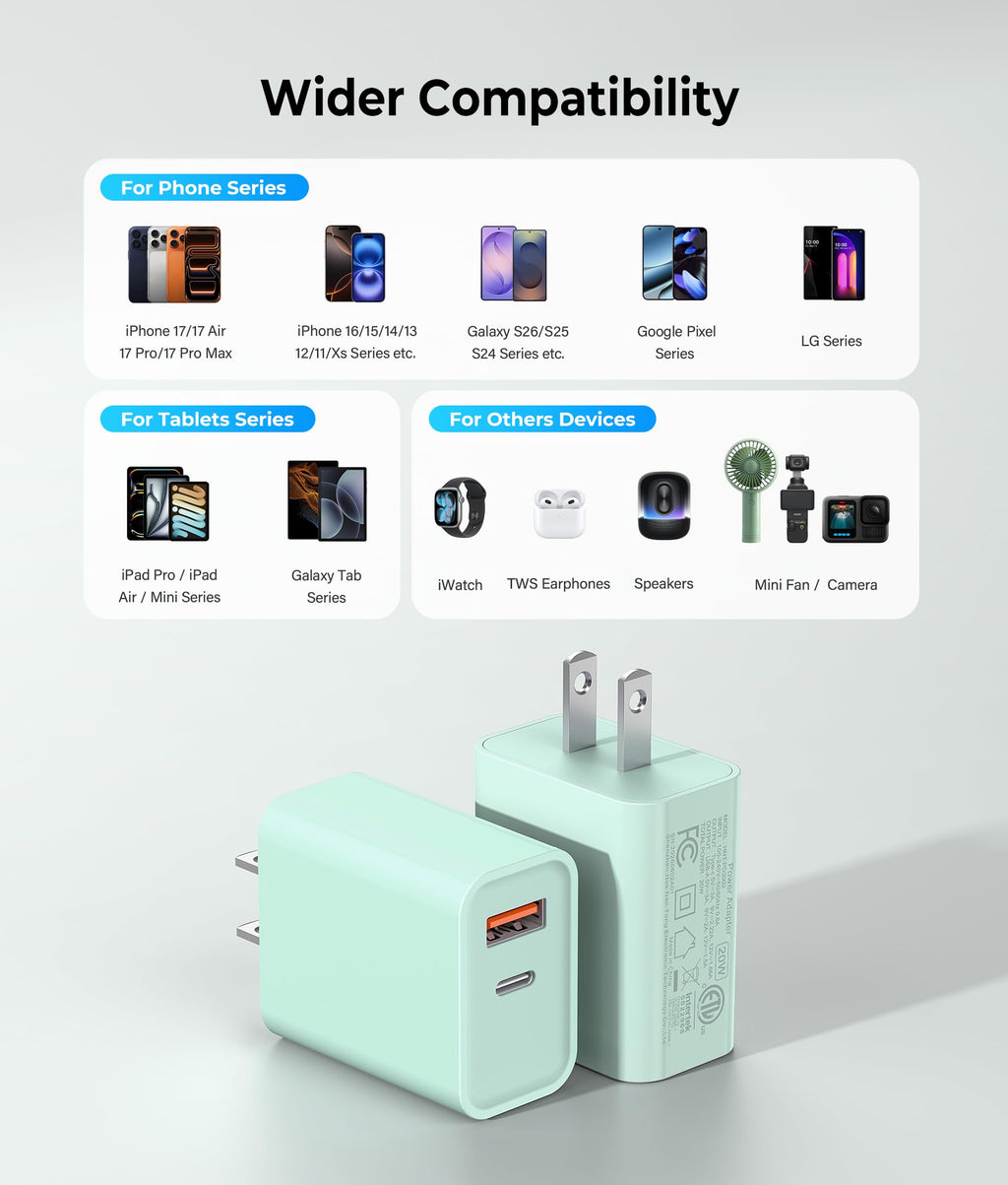 [2 Pack] 20W USB C Charger Block, Fast Charging Dual Port Wall Charger