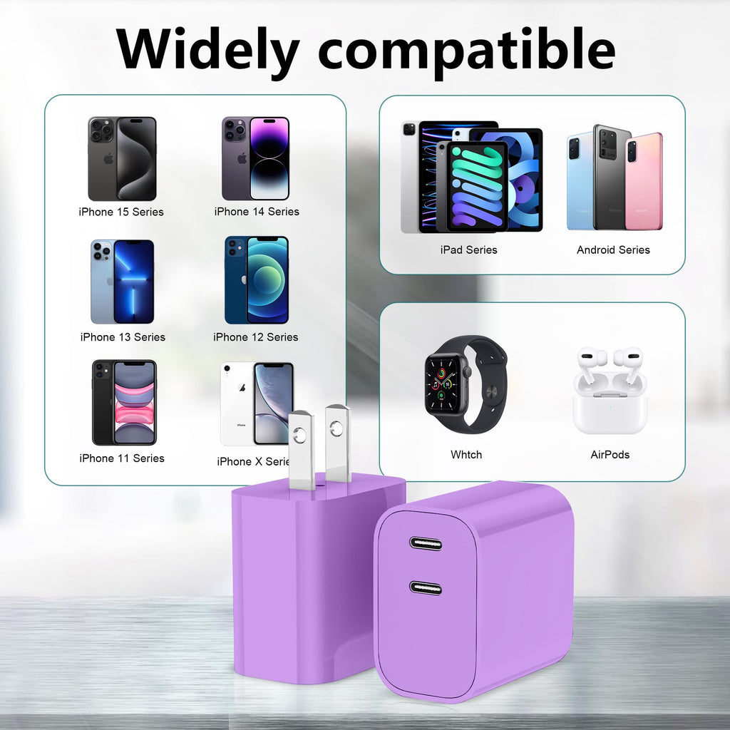 USB C Charger Block 3 Pack, Dual Port 20W Fast Wall Plug (Blue)