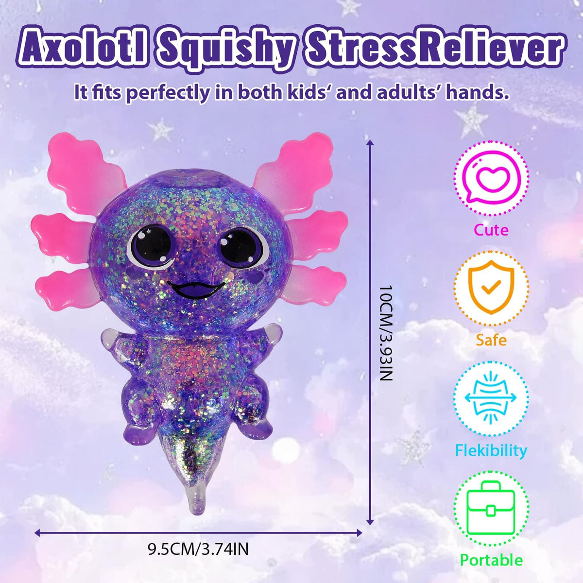 Axolotl Squishy Toy Squeeze Stress Relief Fidget Sensory Toy for Kids Adults, Cute Handheld Stress Ball for Anxiety and Focus, Purple Big Ears(Pink)