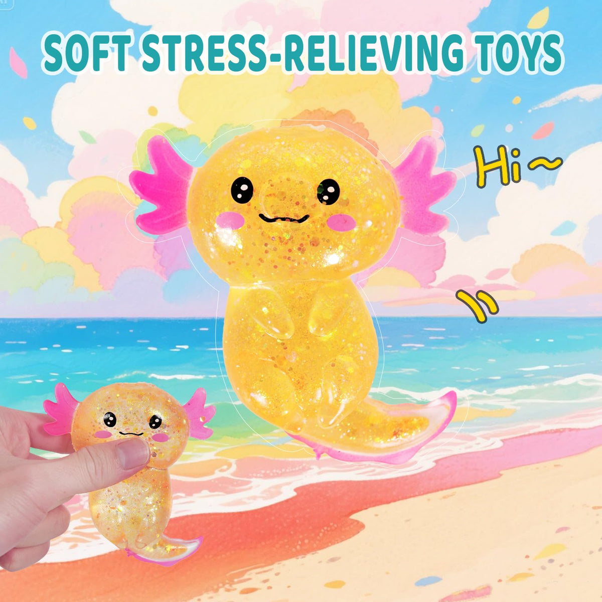 Axolotl Squishy Toy Squeeze Stress Relief Fidget Sensory Toy for Kids Adults, Cute Handheld Stress Ball for Anxiety and Focus, Purple Big Ears(Pink)