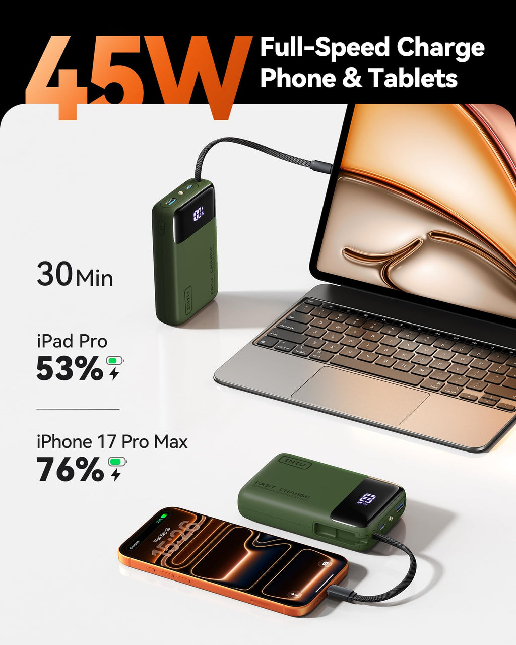 INIU Portable Charger, Smaller 45W Fast Charging Power Bank, 10000mAh Black
