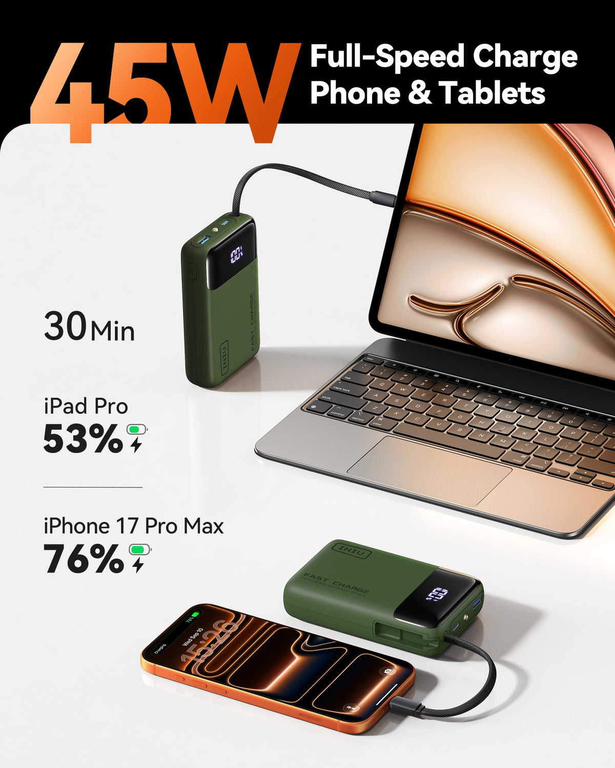 INIU Portable Charger, Smaller 45W Fast Charging Power Bank, 10000mAh Black