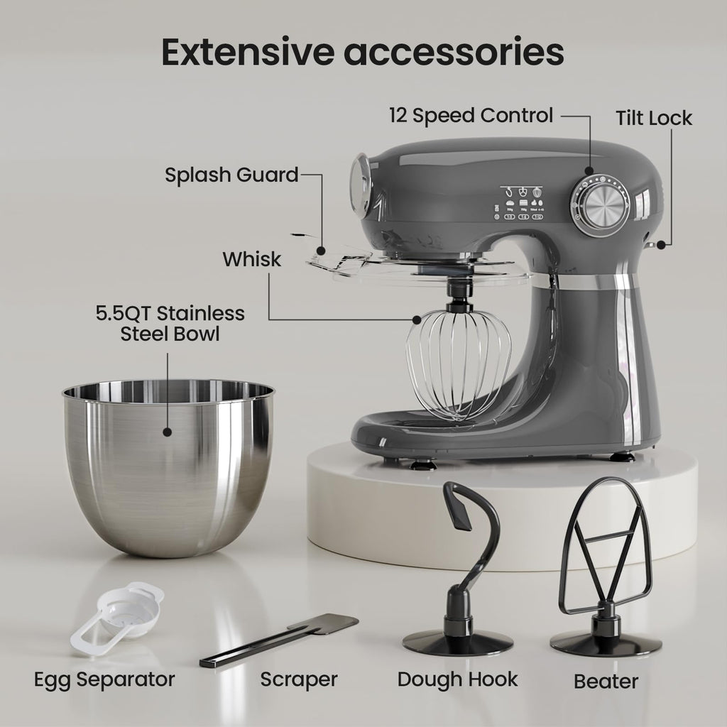 Kismile 5.5QT 12-Speed Electric Stand Mixer, Tilt Head Kitchen Mixer, Red
