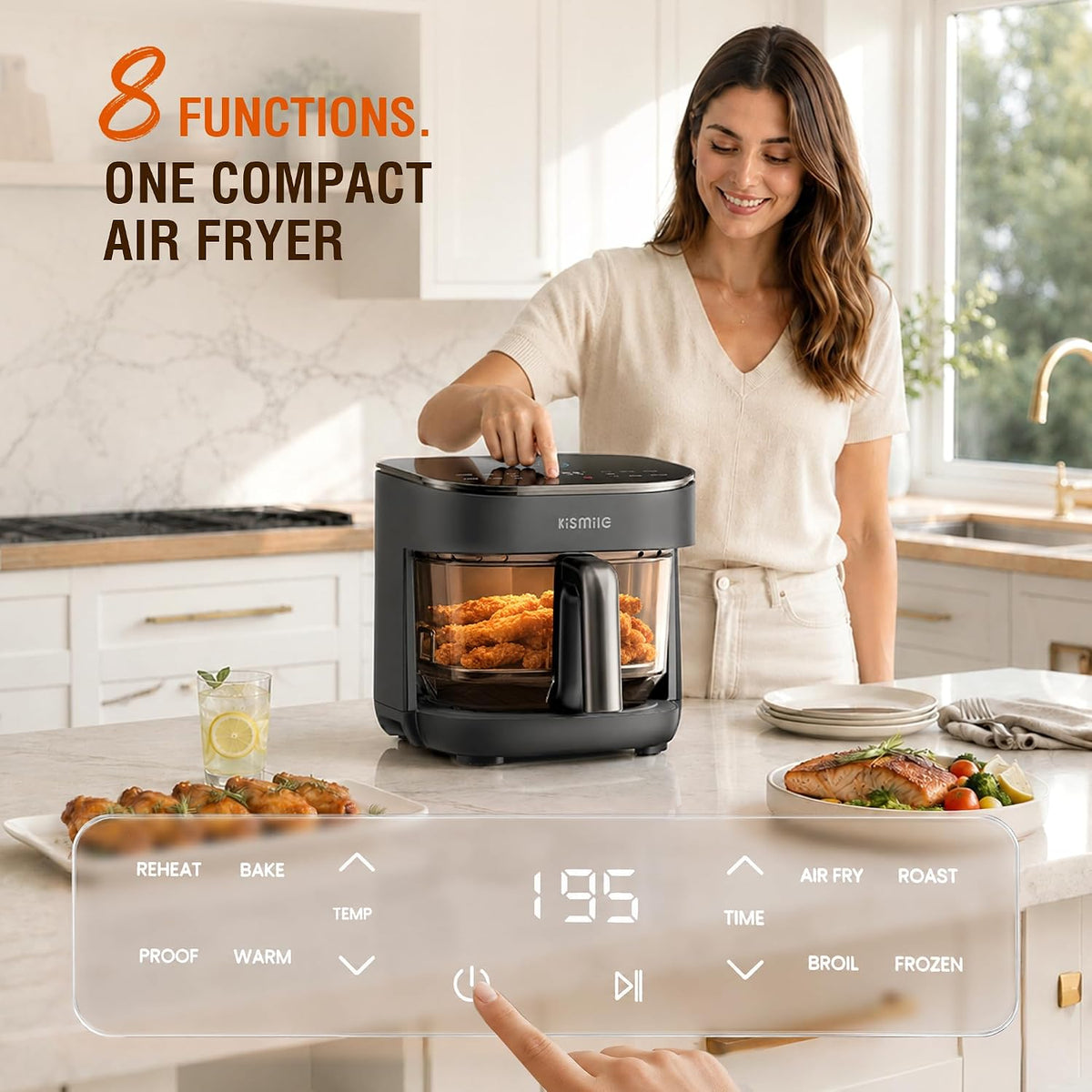 Kismile AeroLucen 5 QT Glass Air Fryer, No Preheat, 8-in-1, 450°F