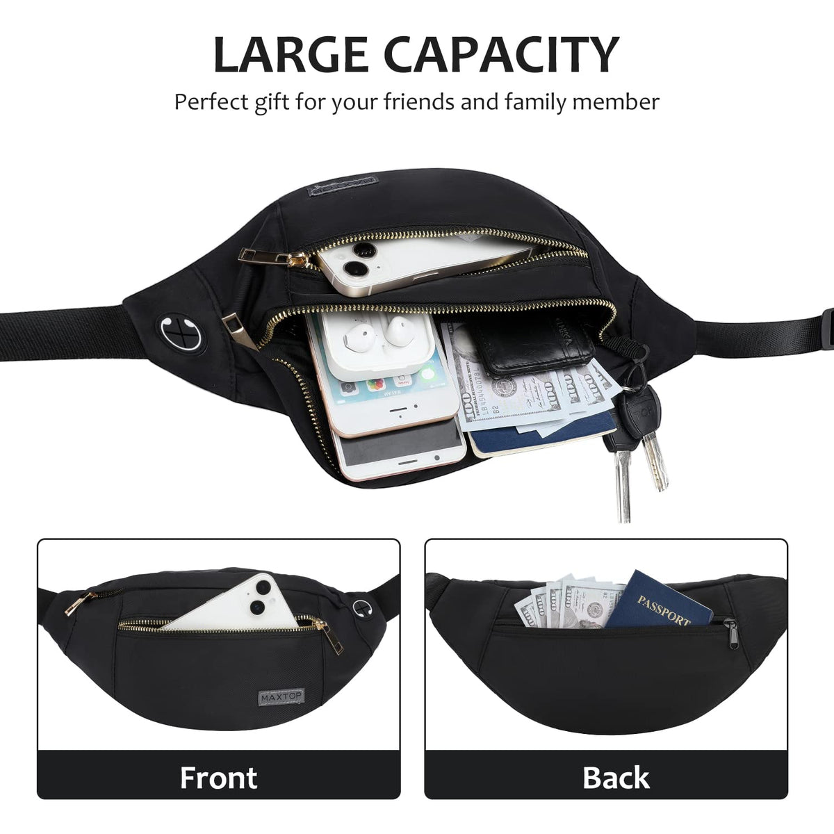 MAXTOP Large Fanny Pack for Women Men Crossbody Bag with 4-Zipper Pockets