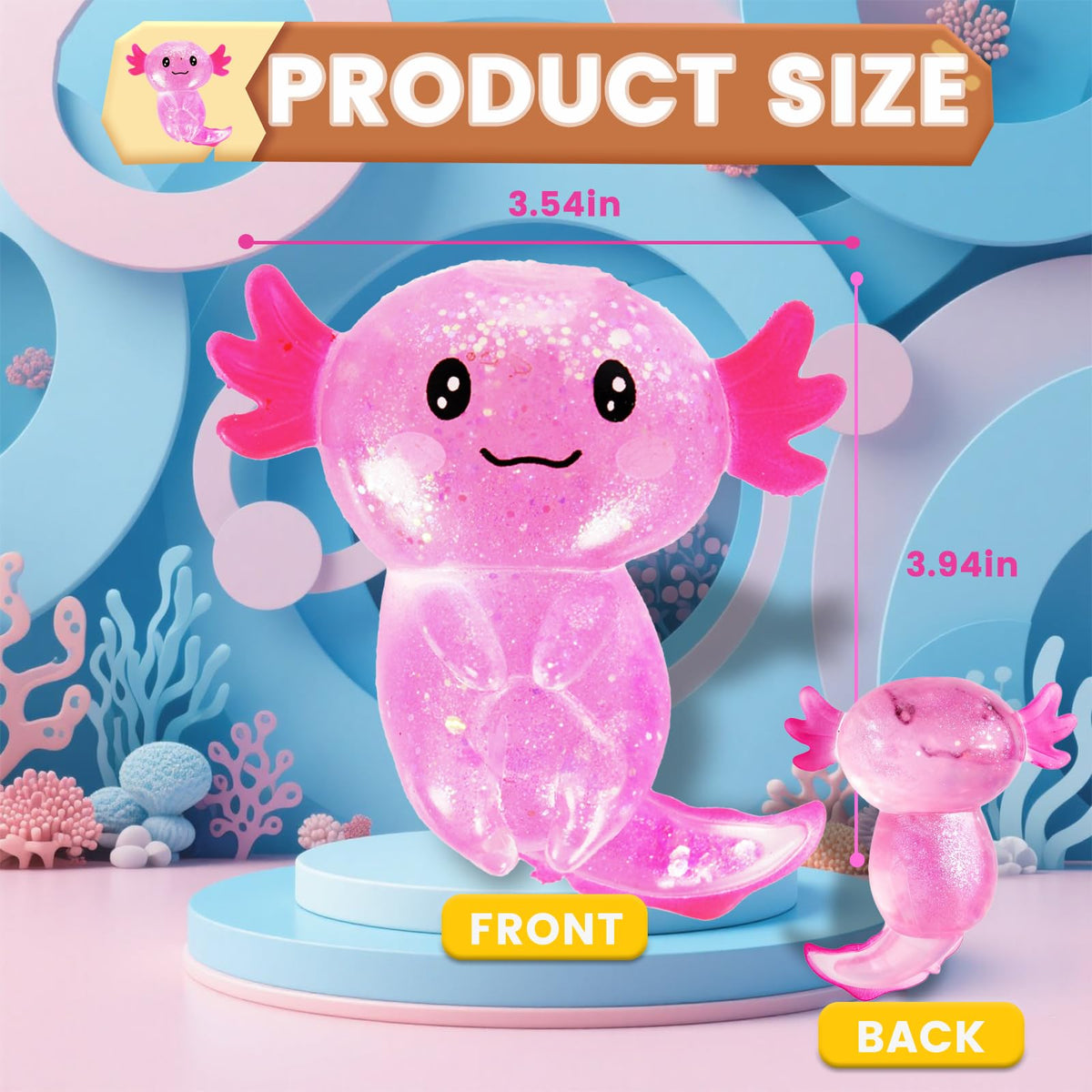 Axolotl Squishy Toy Squeeze Stress Relief Fidget Sensory Toy for Kids Adults, Cute Handheld Stress Ball for Anxiety and Focus, Purple Big Ears(Pink)