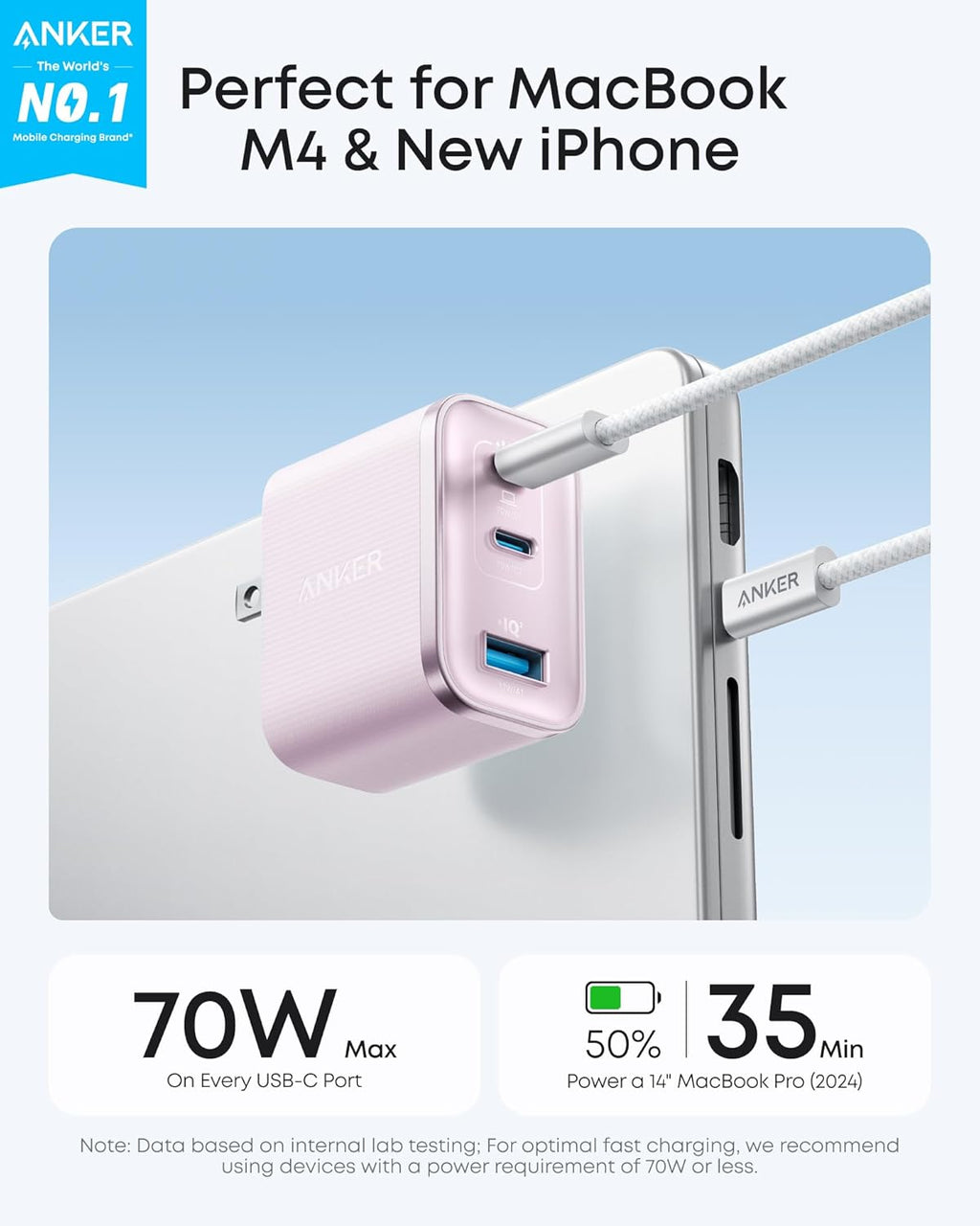 Anker Nano 70W Max 3-Port Fast Charger USB C, Type C Charger Fast Charging