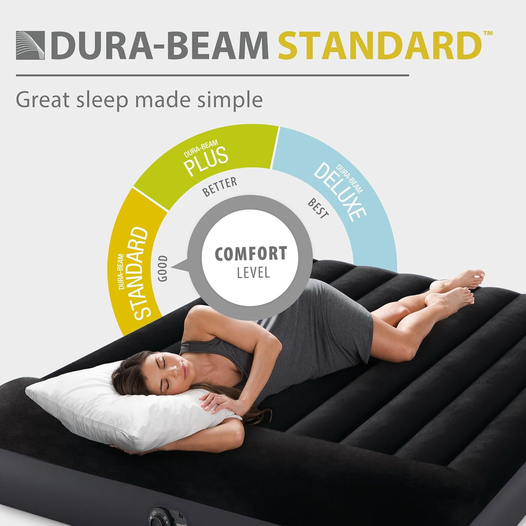 INTEX 64149ED Dura-Beam Standard Pillow Rest Air Mattress: Fiber-Tech – Queen Size – Built-in Electric Pump – 10in Bed Height – 600lb Weight Capacity