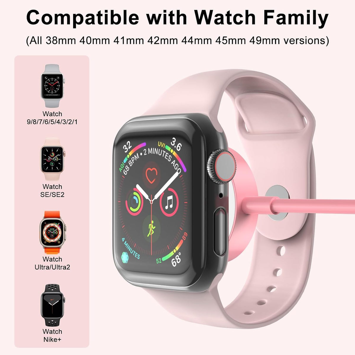 2026 Upgraded for Apple Watch Charger USB Magnetic Fast Charging Cable Portable Wireless Charging Accessories Compatible with iWatch Series 11/10/9/8/7/6/5/4/3/2 Ultra 3/2/SE-Pink
