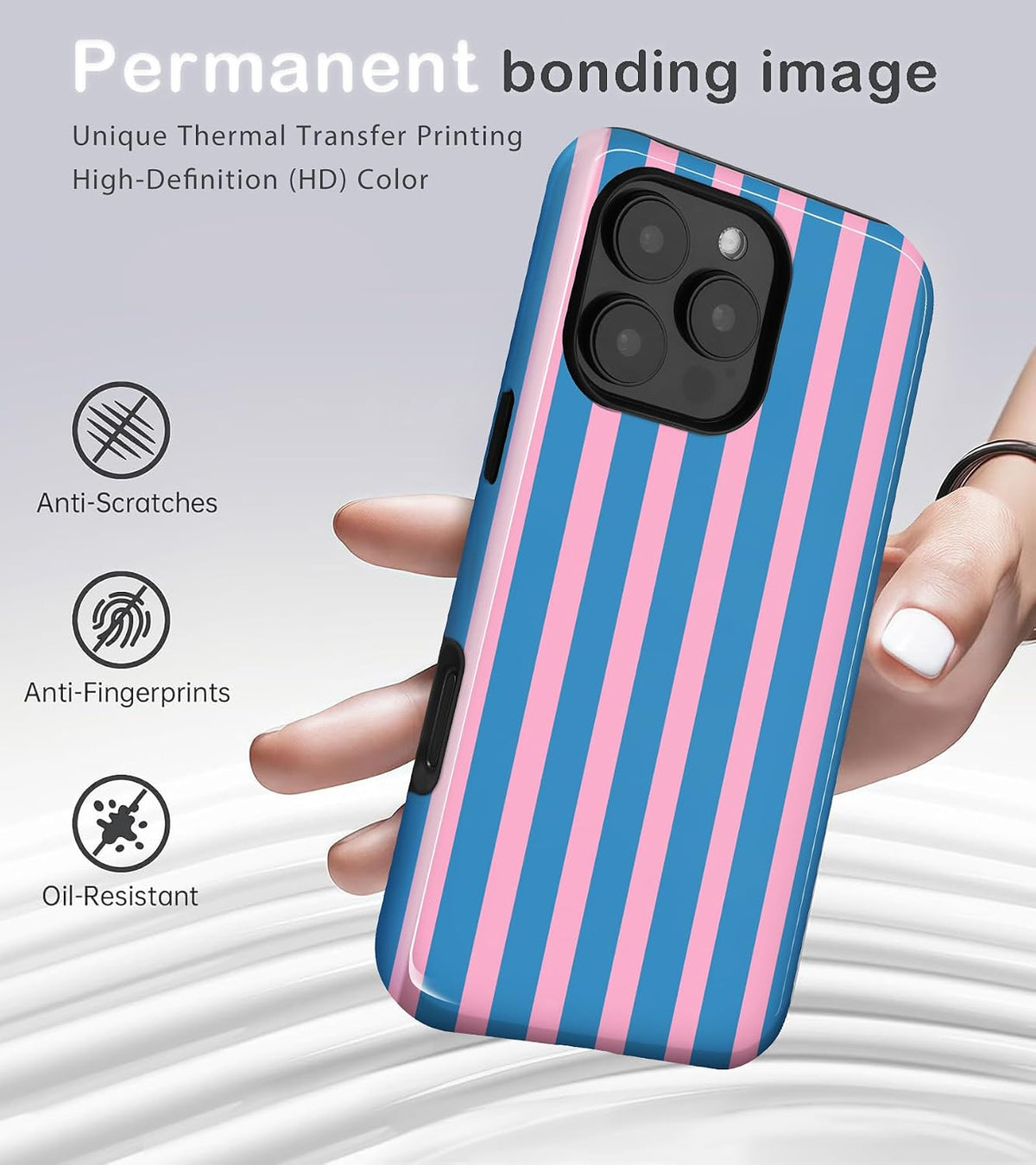 for iPhone 16 Pro Max Cute Striped Phone Case, Blue&Pink