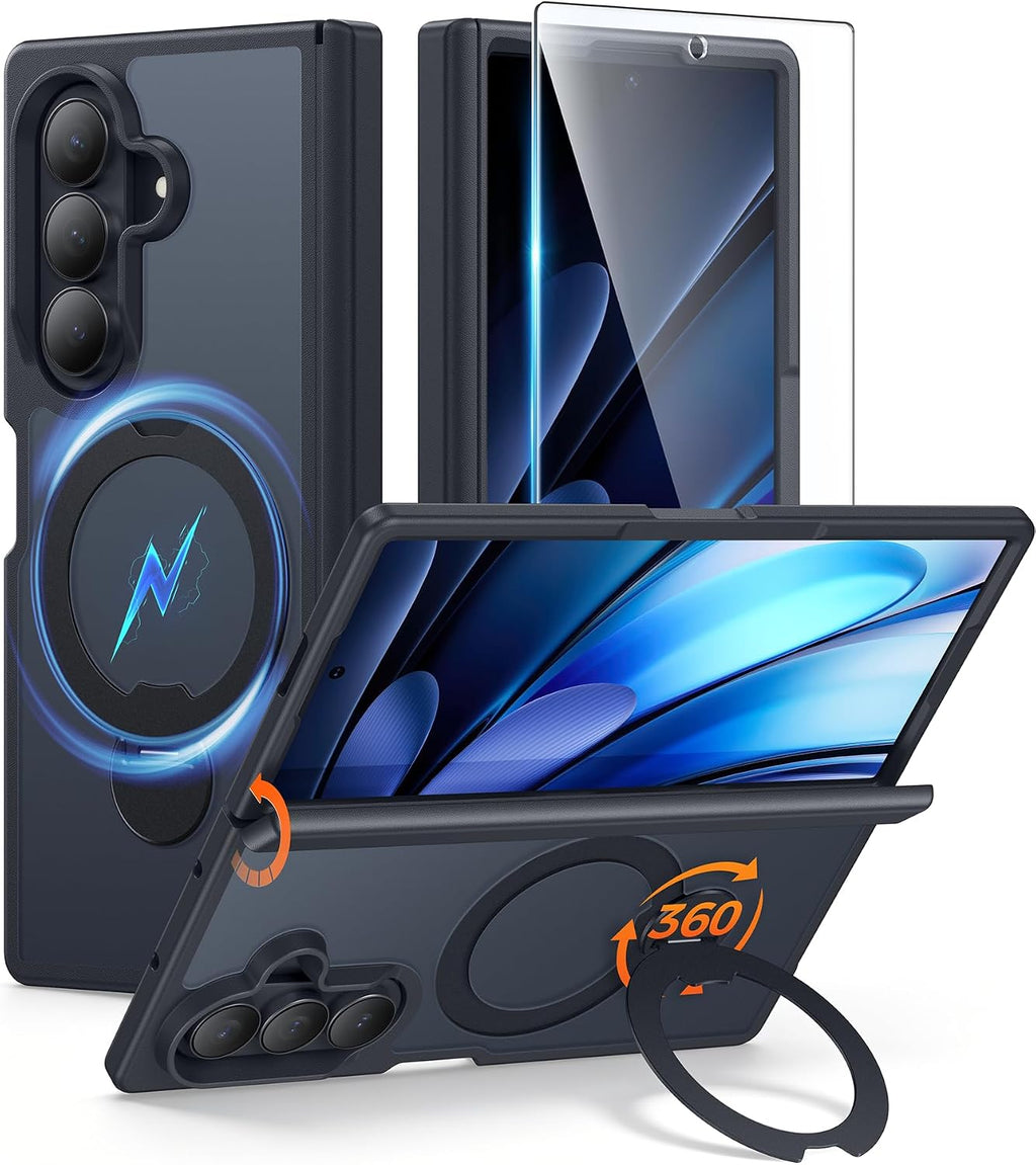 FNTCASE for Samsung Galaxy Z Fold 7 Case with 360 Spin Magnetic Stand Black