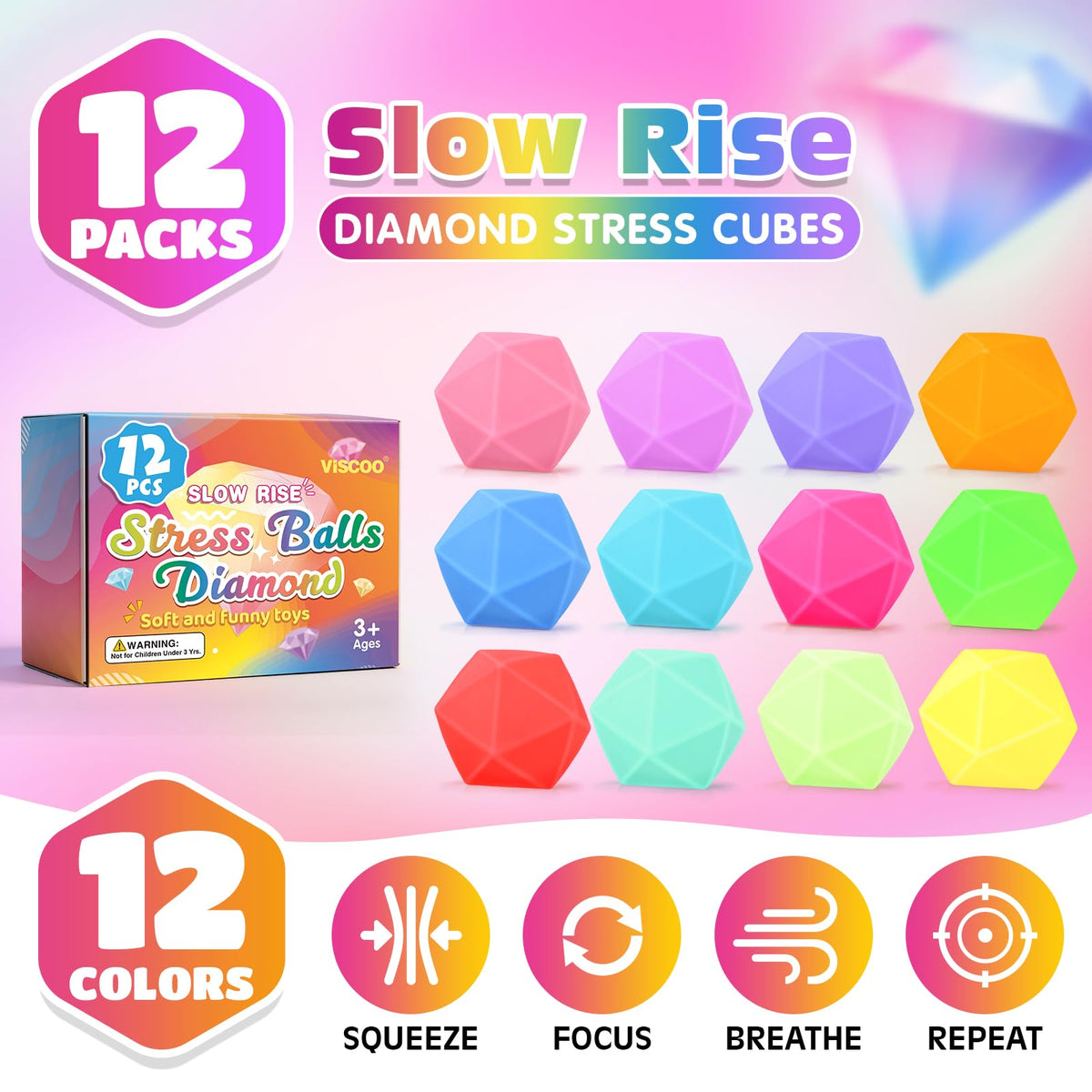 VISCOO 12 Pack Slow Rising Stress Cube, Stress Balls Fidget Squishy Toys