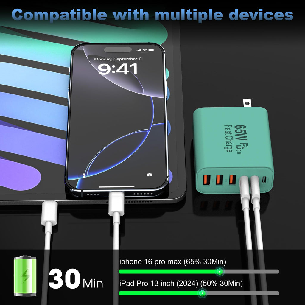 65W USB C Charger Block,6-Port Multi Device Fast Charger PD QC Wall Adapter