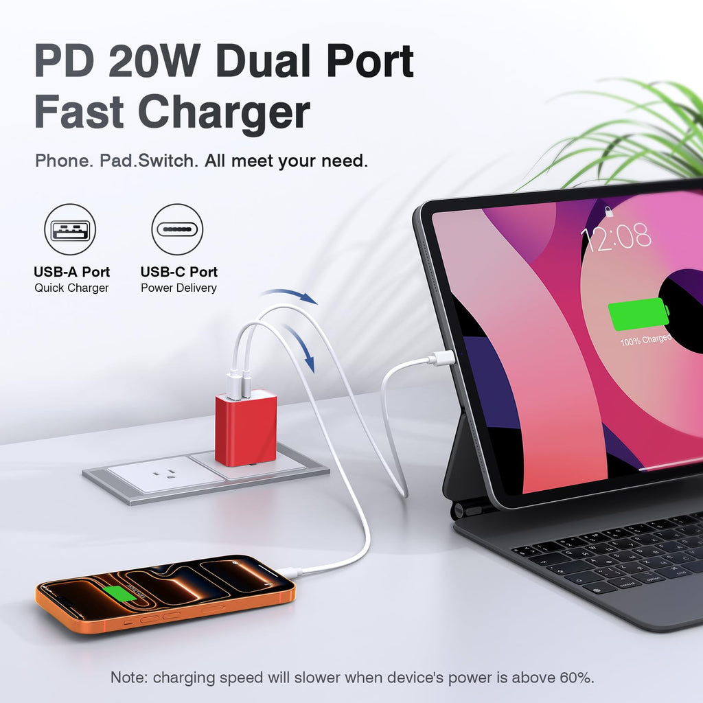 [2 Pack] 20W USB C Charger Block, Fast Charging Dual Port Wall Charger