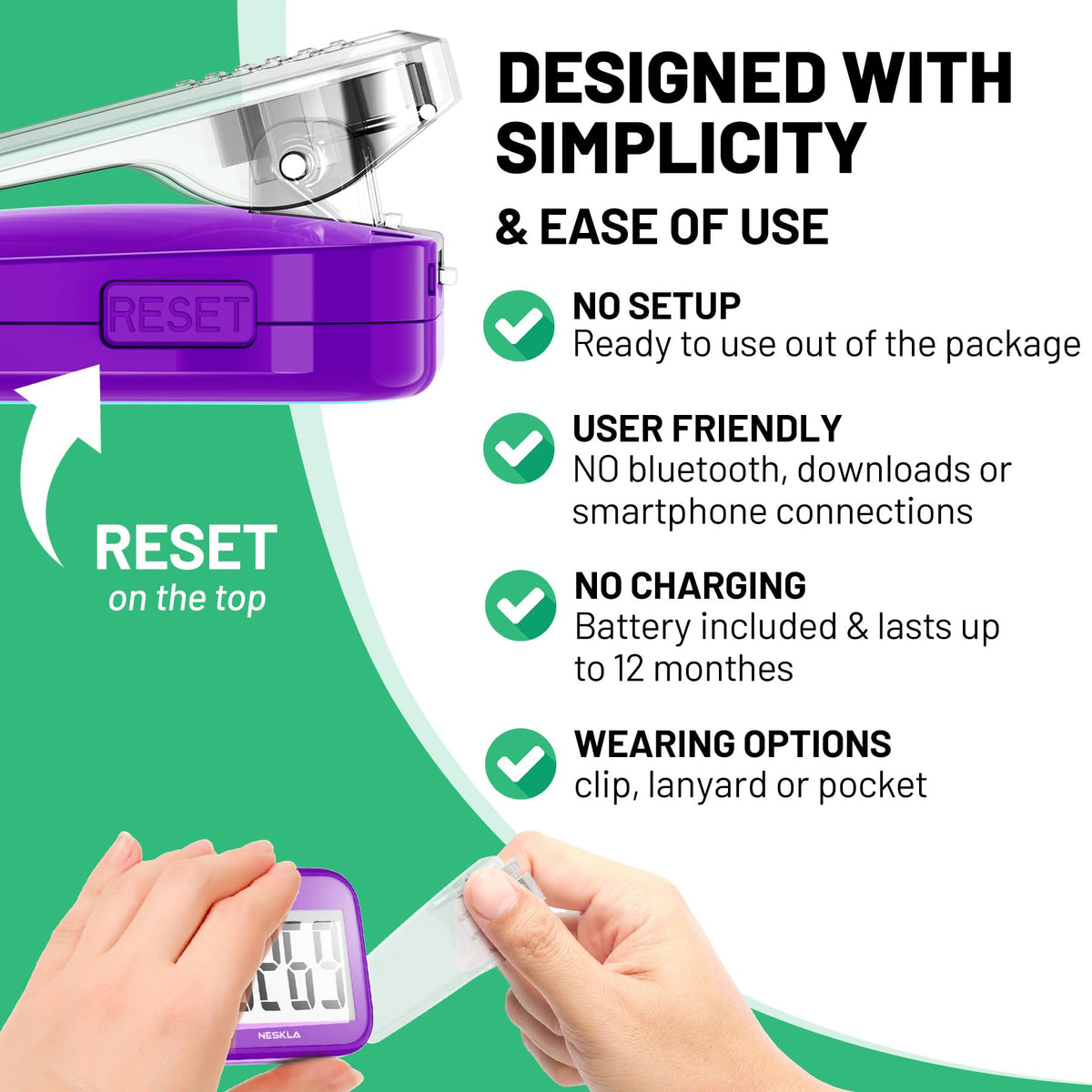 3D Pedometer, Simple Step Counter with Large LCD Display for Walking