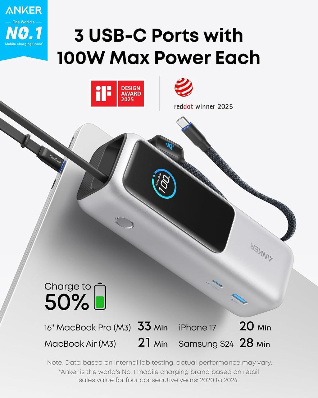 Anker Laptop Power Bank, 25,000mAh Travel Essential with 165W Total Output