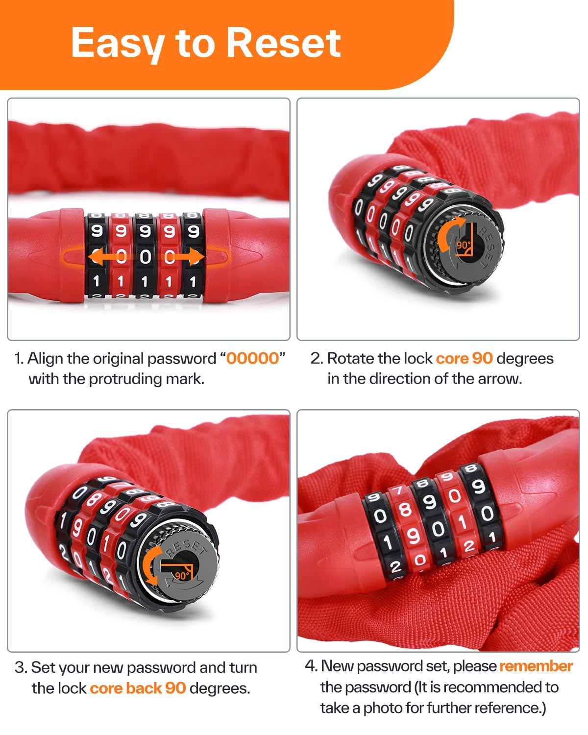 Sportneer Bike Lock: 5 Digit Combination High Security Anti Theft Bike Chain Lock - 3.2/3.6/4ft Heavy Duty Keyless Bicycle Lock for Bike, Motorcycle, Scooter, Door & Gate - 4/6mm Thick, Easy to Use